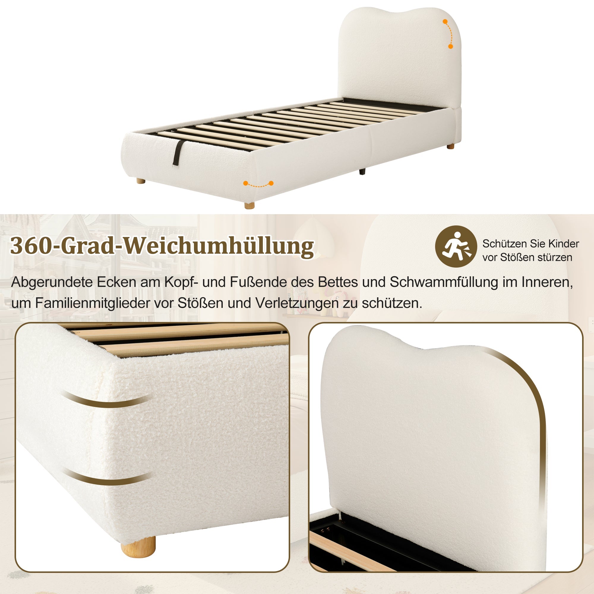 Upholstered Children's Single Bed with Hydraulic Storage and Slatted Frame, 90x200cm, Beige Bouclé