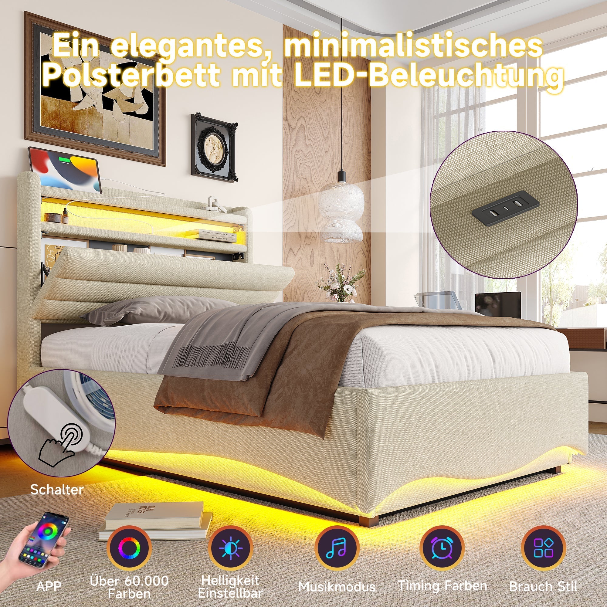 Upholstered Bed with LED Lighting, Hydraulic Storage, and USB Ports, Beige Linen Fabric