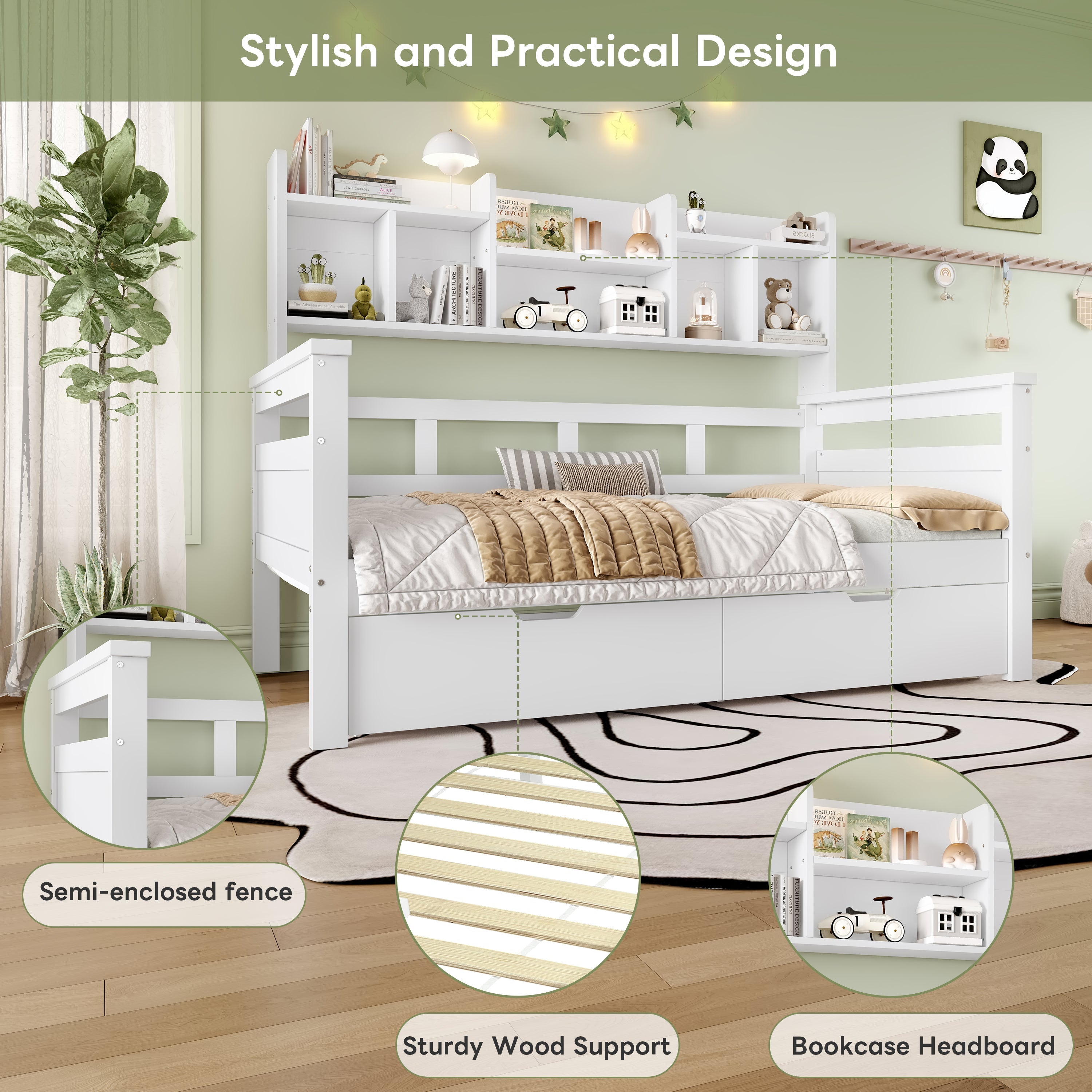 3ft Single Wooden Bed Frame with Two Storage Drawers and Bookcase Headboard, White