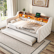 Space-saving Sofa Bed 90x190 cm with Storage, LED & USB-C Port, Velvet Beige