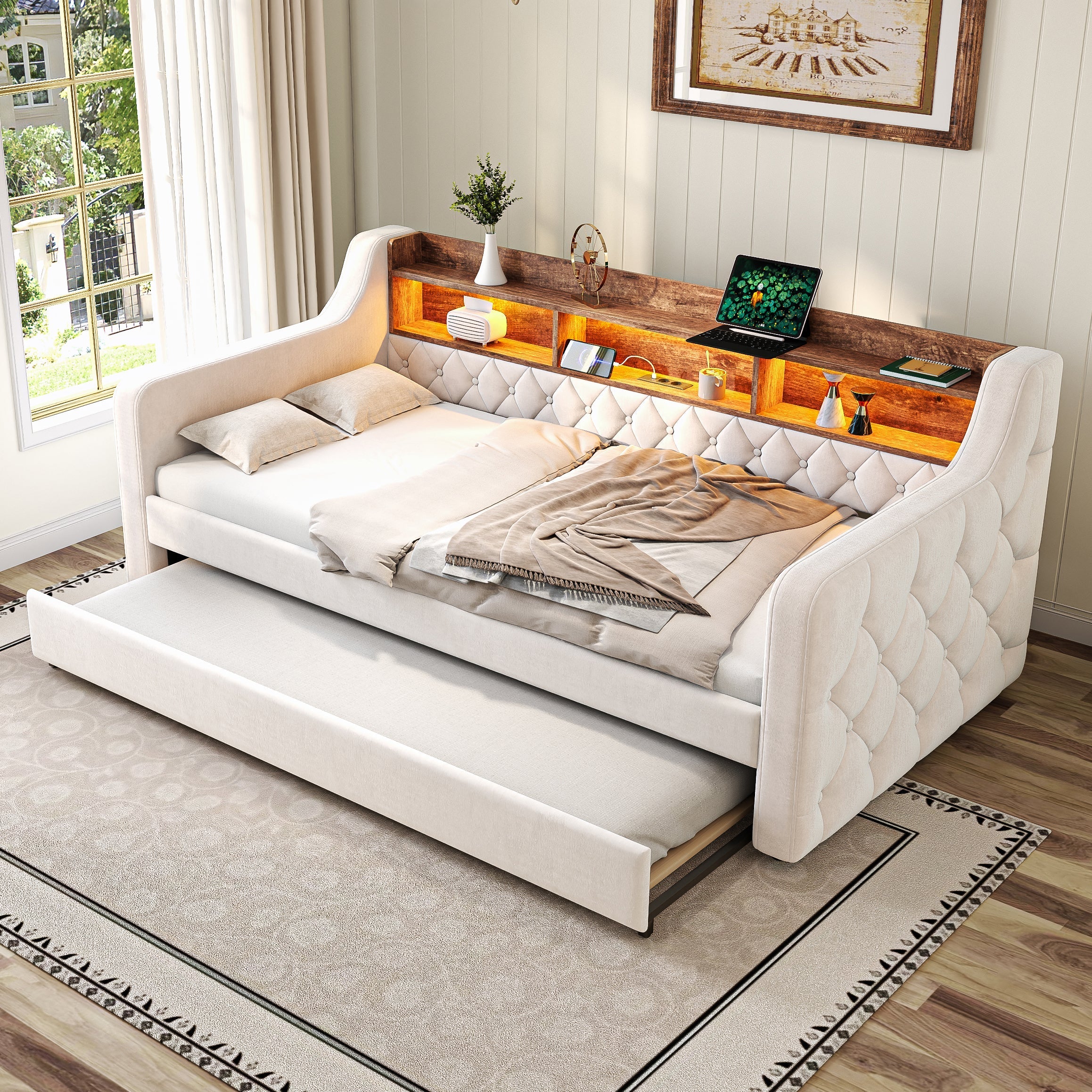 Space-saving Sofa Bed 90x190 cm with Storage, LED & USB-C Port, Velvet Beige