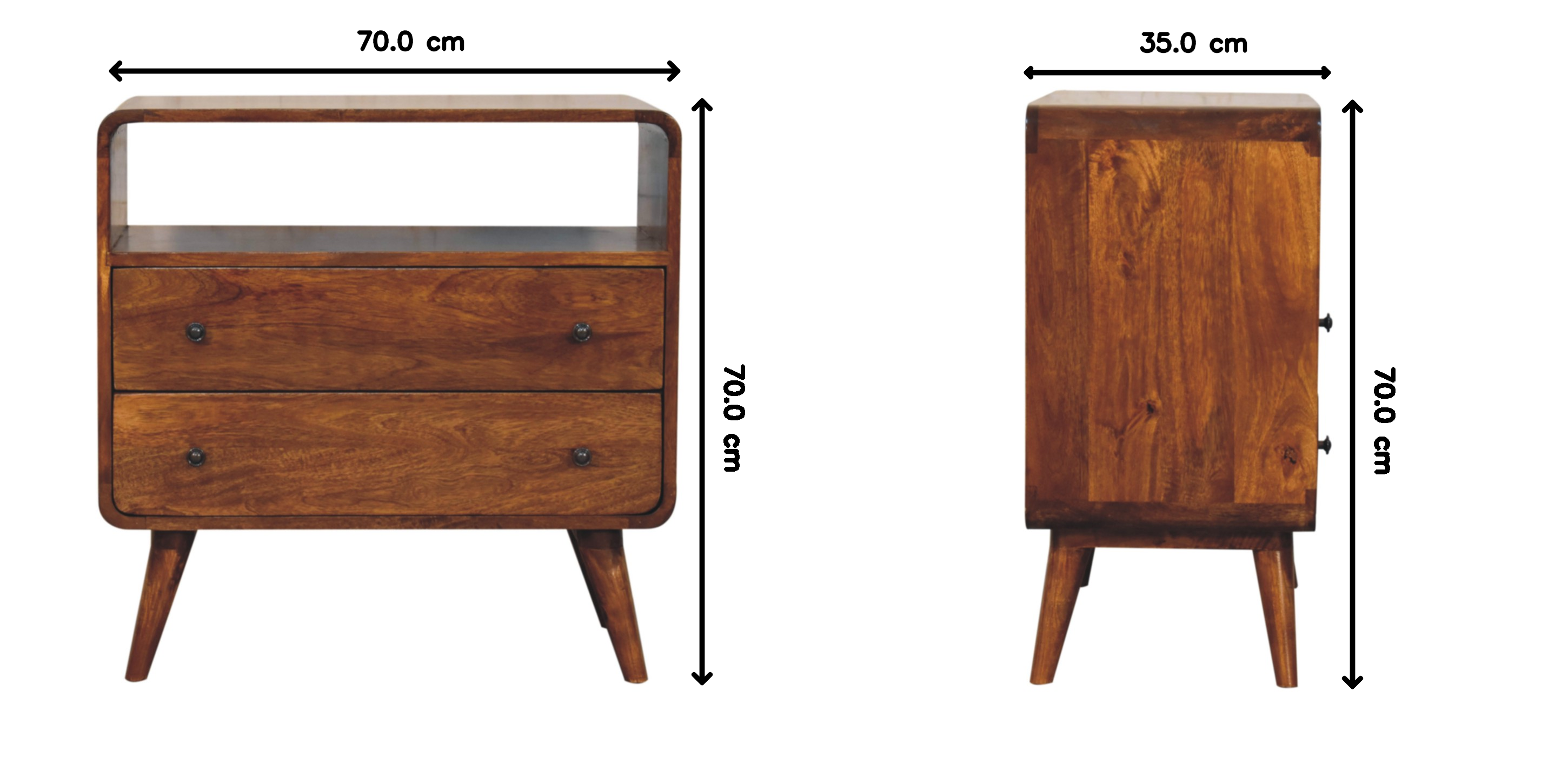 Solid Wood Chest, Curved Nordic Charm 2 Drawers 1 Open Slot, Dark Brown
