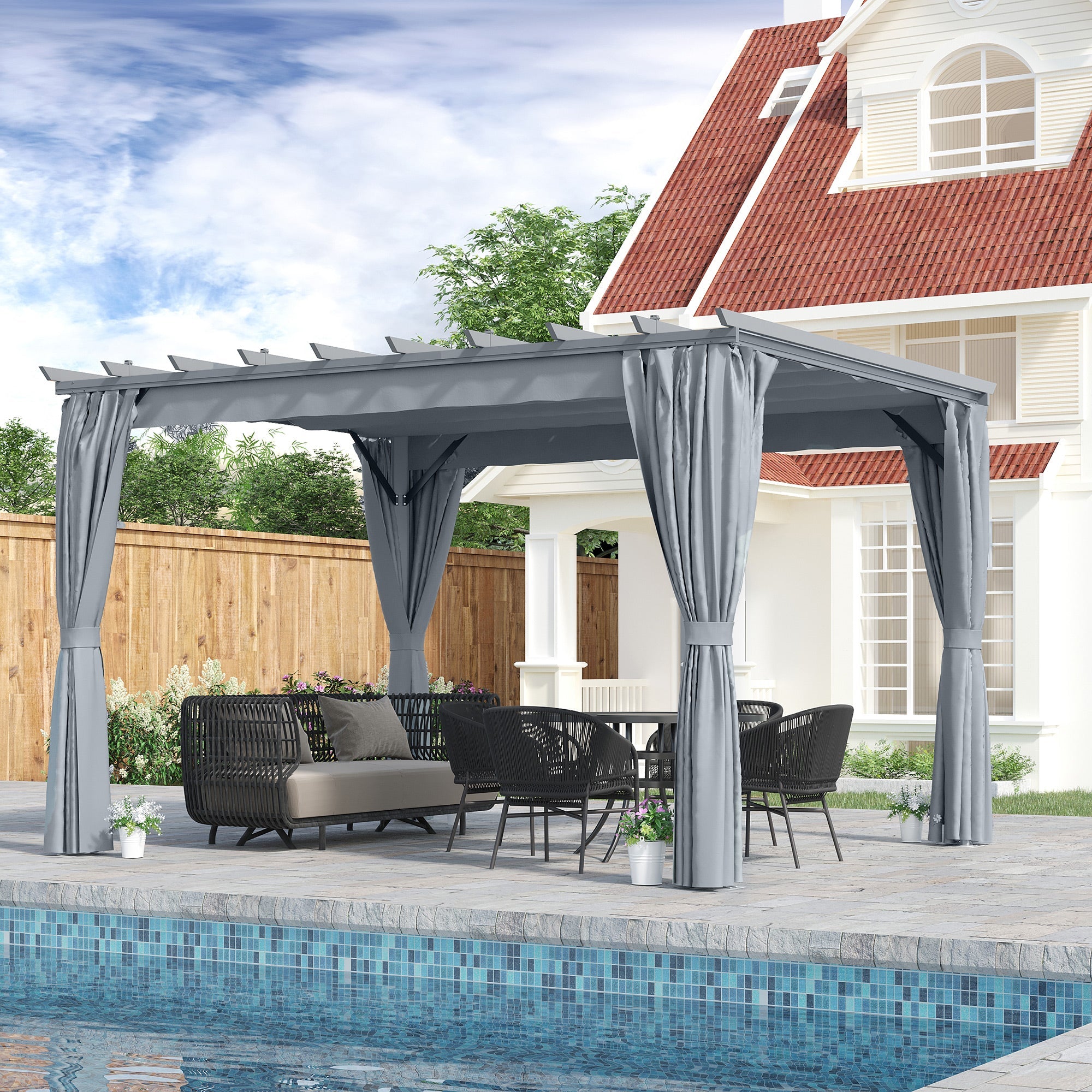 Outdoor Pergola 3.6 x 3m Retractable Roof & Curtains Aluminum Frame, Dark Grey