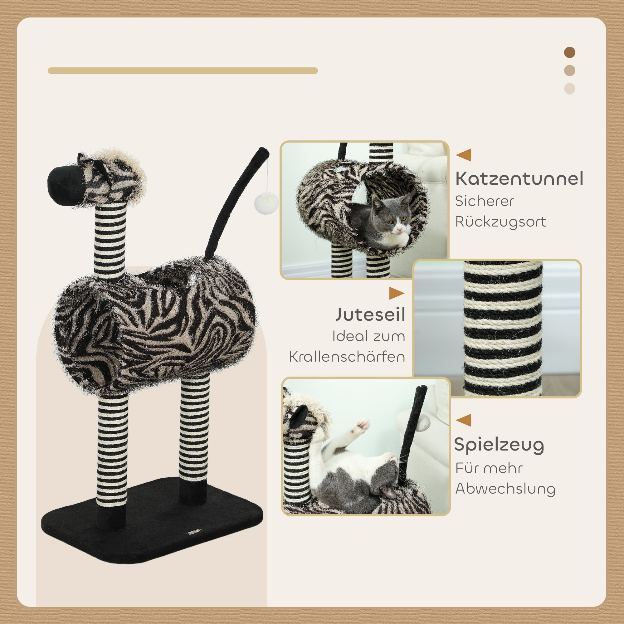 Cat Tree, 93 cm with Tunnel & Scratch Posts, Zebra Design, Black and White