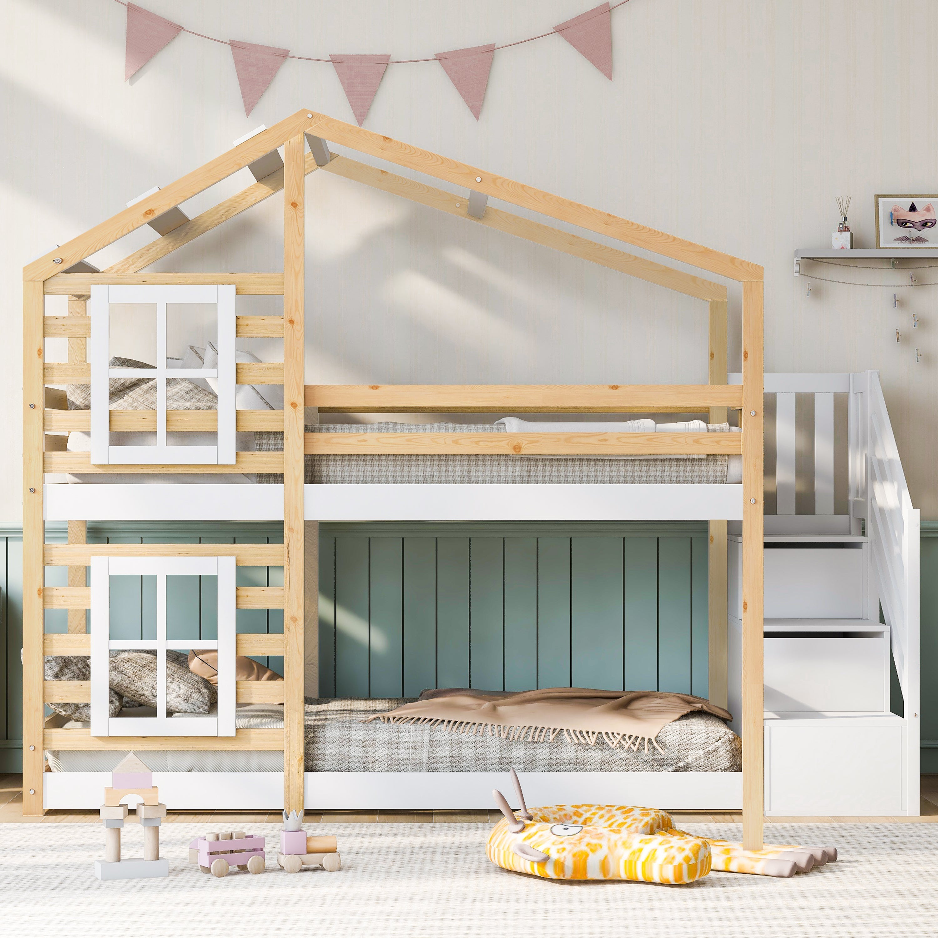 Children's Treehouse Bunk Bed 90x200cm Window Design Storage - Natural & White