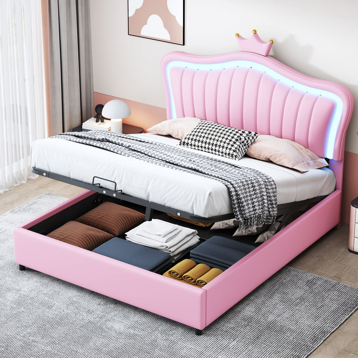 Children's Bed, 140x200cm Hydraulic Storage, LED, Pink PU Leather