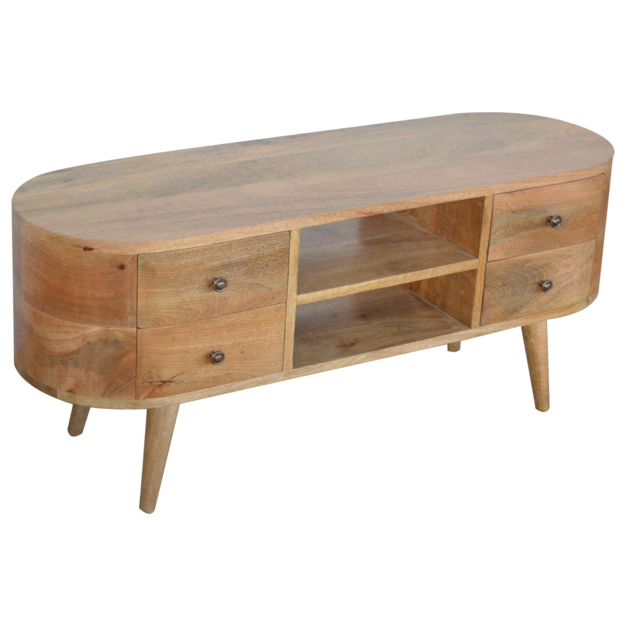Solid Wood Rounded Entertainment Unit, 4 Drawers 2 Shelves, Brown