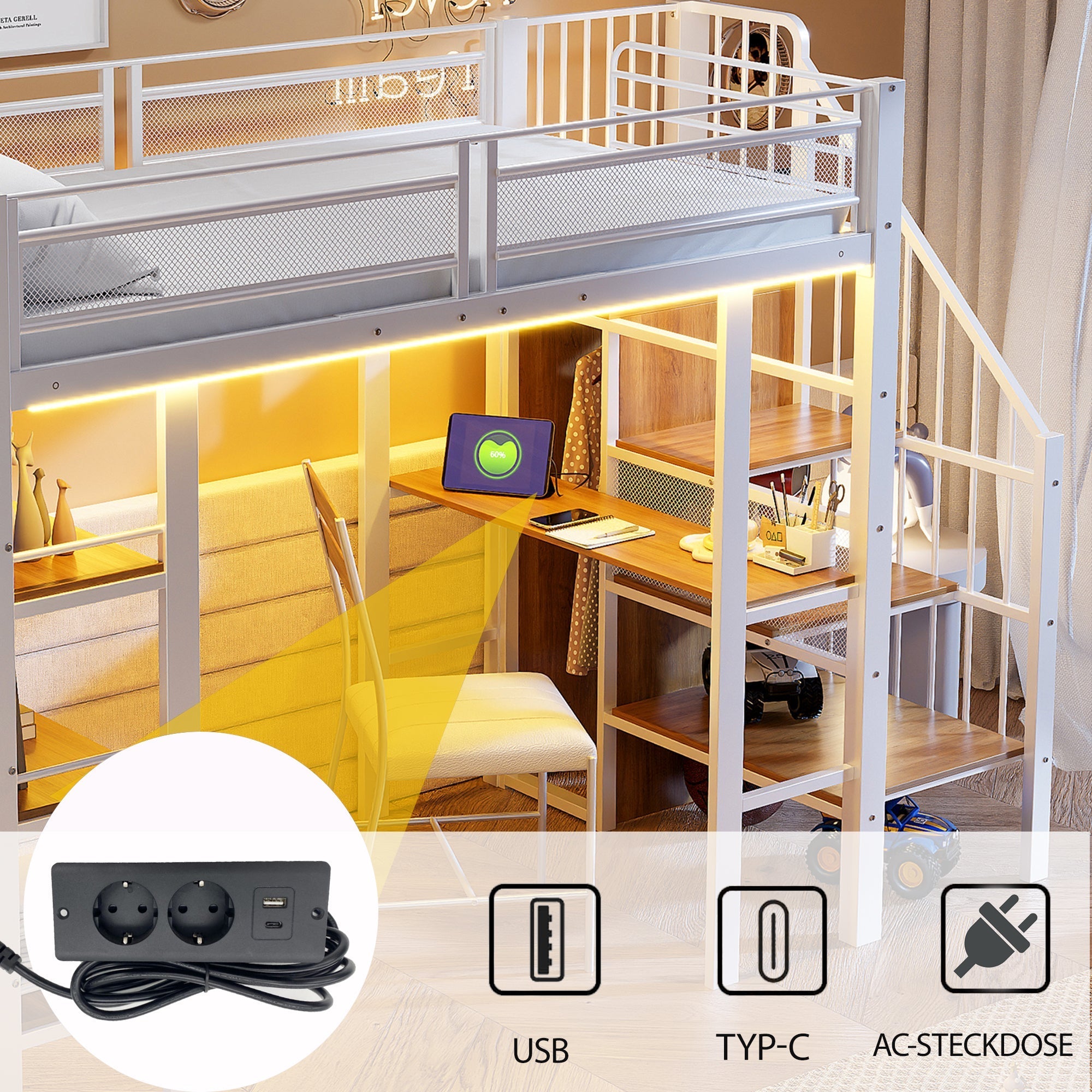 Loft Bed with LED Light Strip, Desk and Storage Shelves, White Metal