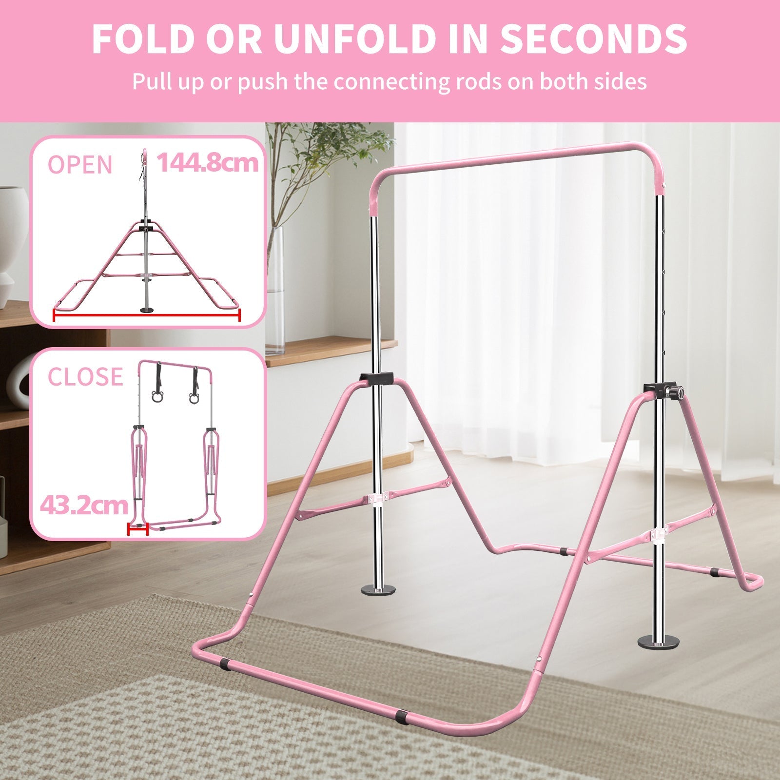 Expandable Gymnastics Bar - Height Adjustable Junior Training, Folding - Pink