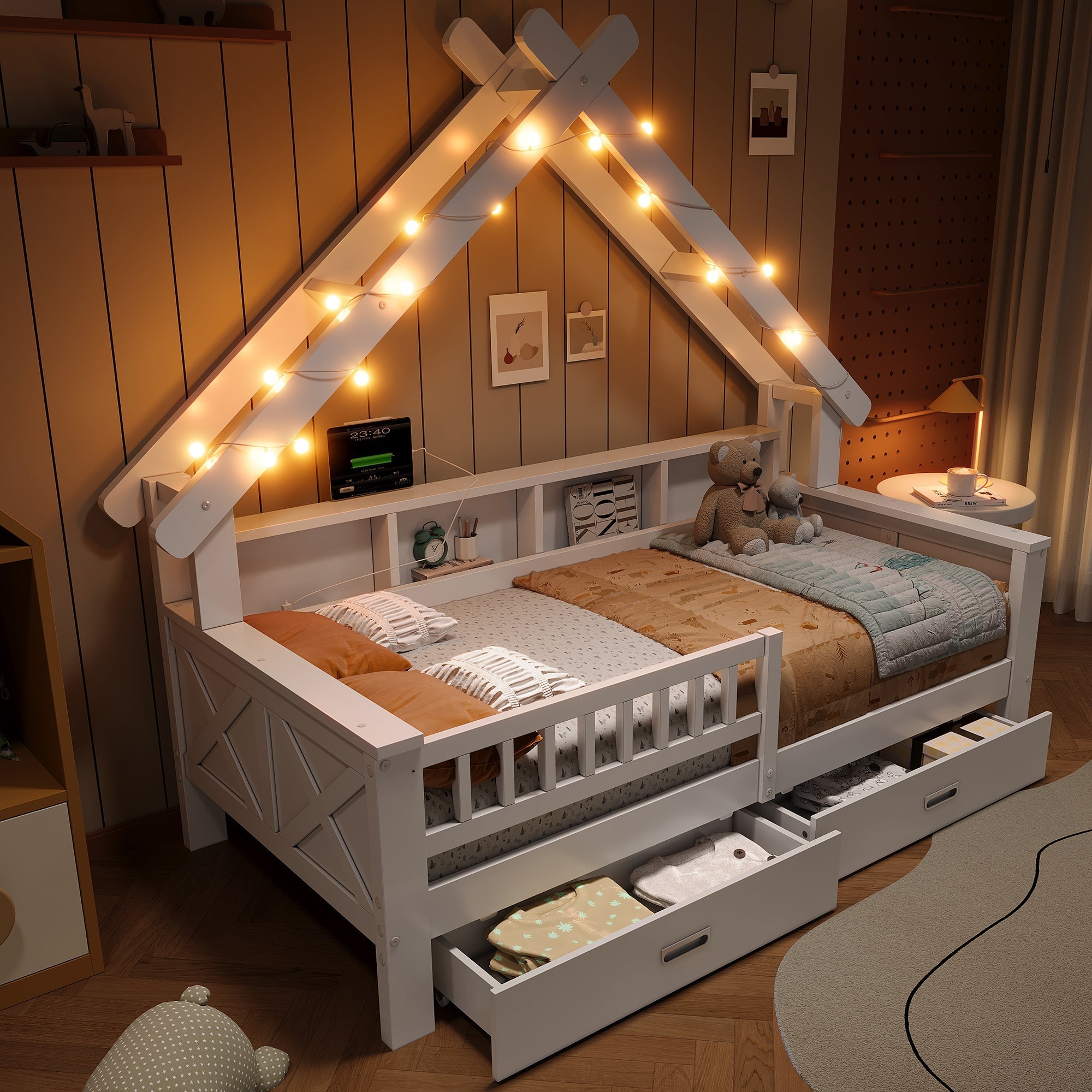 Wooden House Platform Bed with LED Lighting, Storage and Safety Rails, White