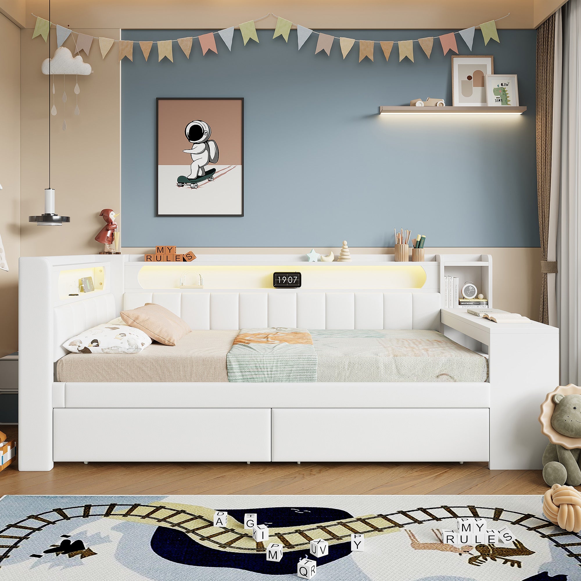 Upholstered Daybed 90x200 with Desk, LED Light, USB Port & 2 Drawers, White
