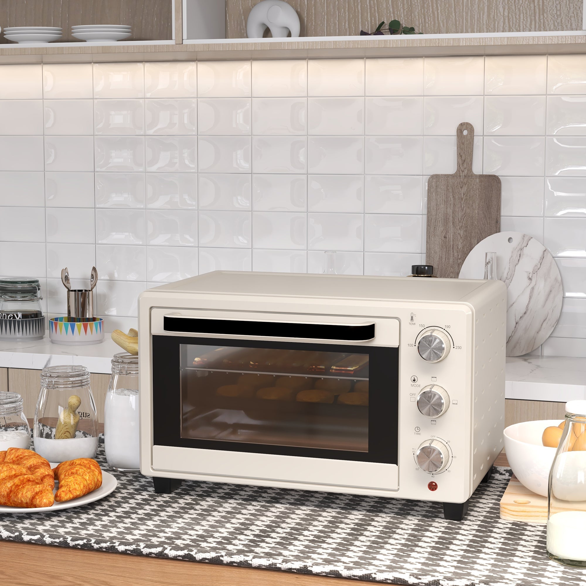 Mini Oven Rotisserie Toaster 21L, 3 Modes, Stainless Steel, Cream White