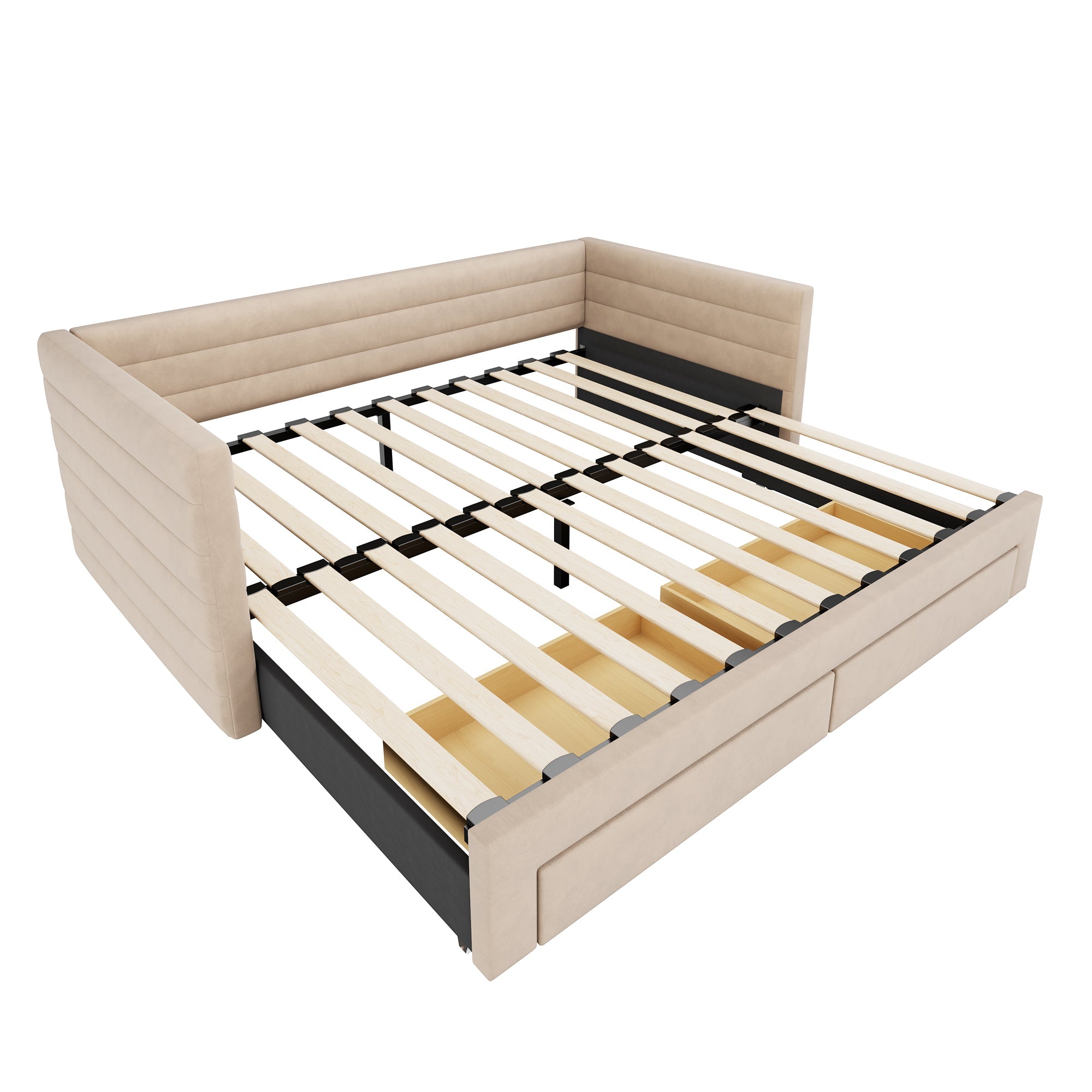 3-in-1 Upholstered Sofa Bed with Drawers and Slatted Base, Cotton and Linen, Beige