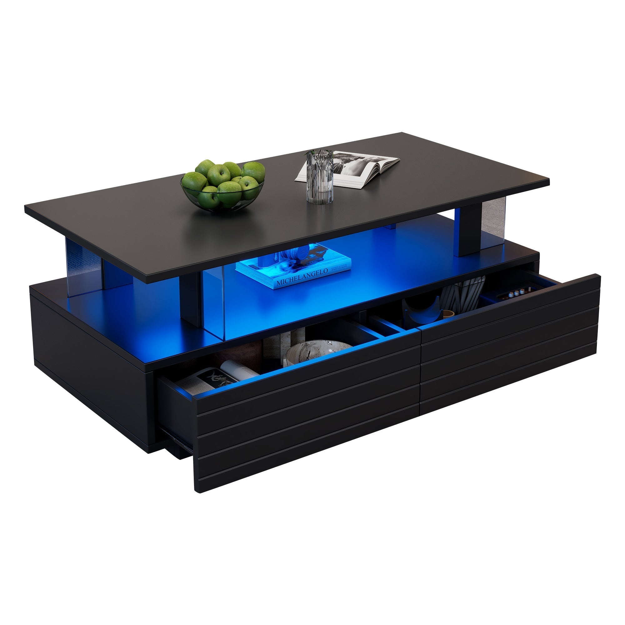 LED Coffee Table Double-Layer Rectangular Storage Bluetooth App Control, Black Acrylic
