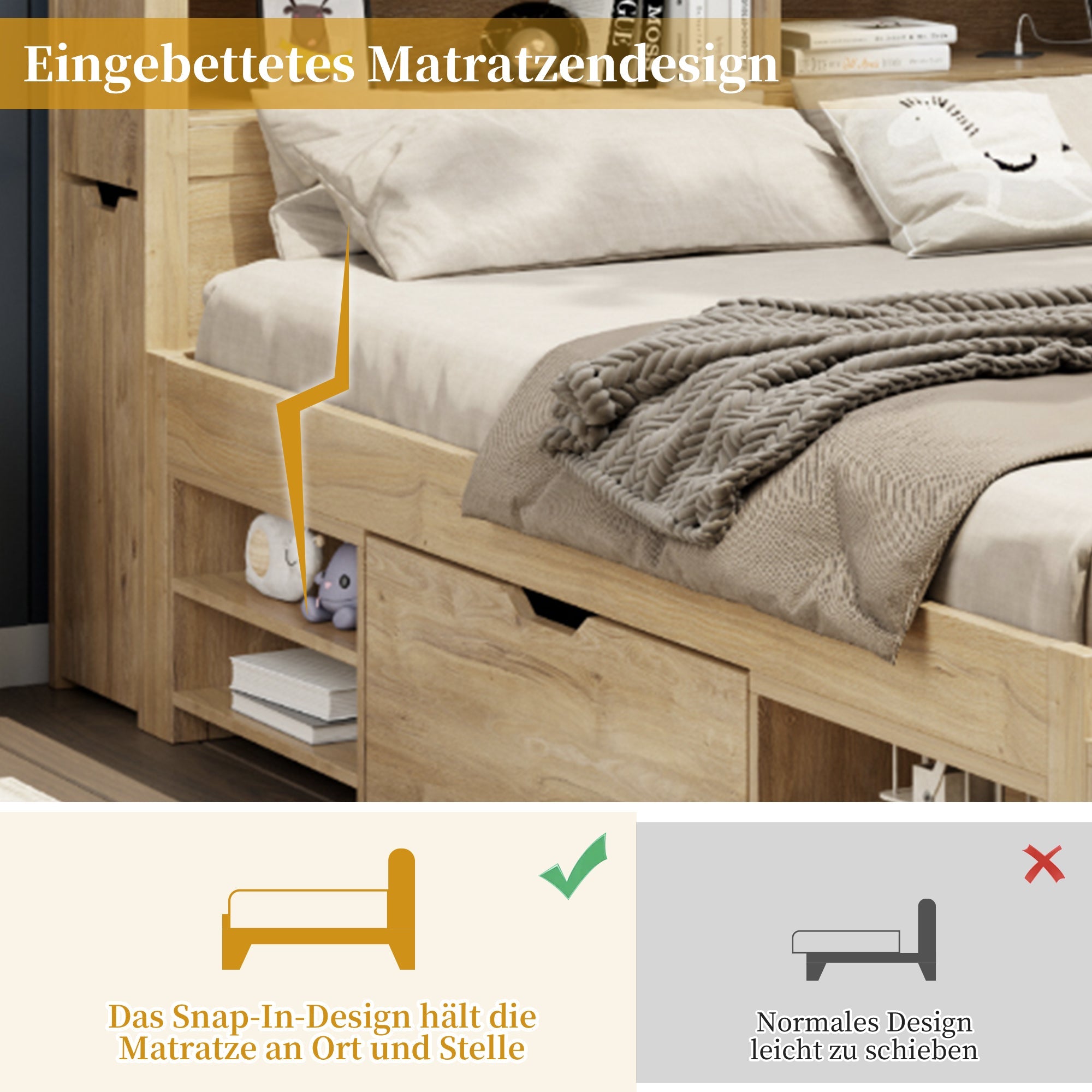 Children's Storage Bed 140x200cm Multifunctional Wireless Charging Drawers & Shelves - Natural