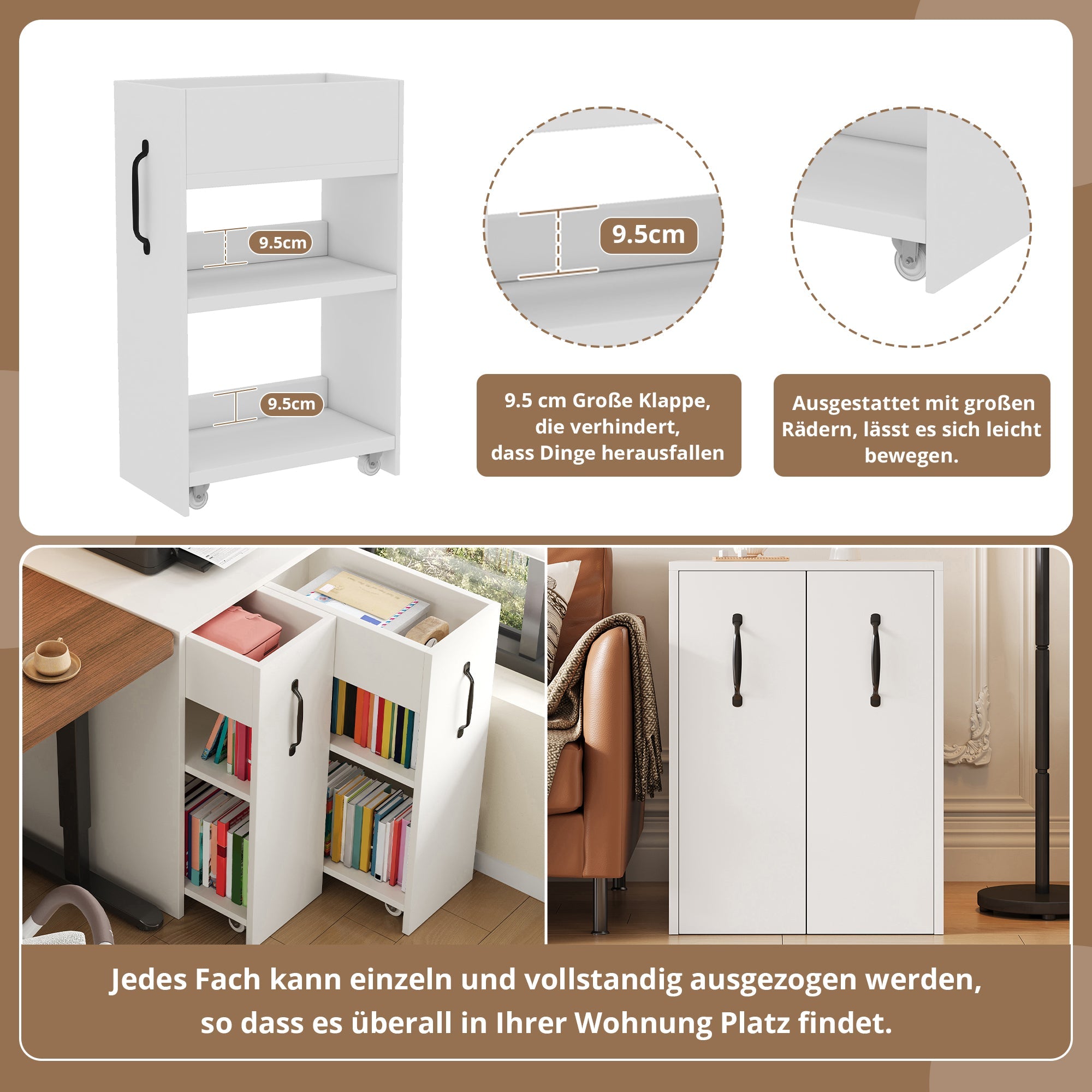 Small Bookcase with Wheels Extendable Reversible Shelves & Drawers