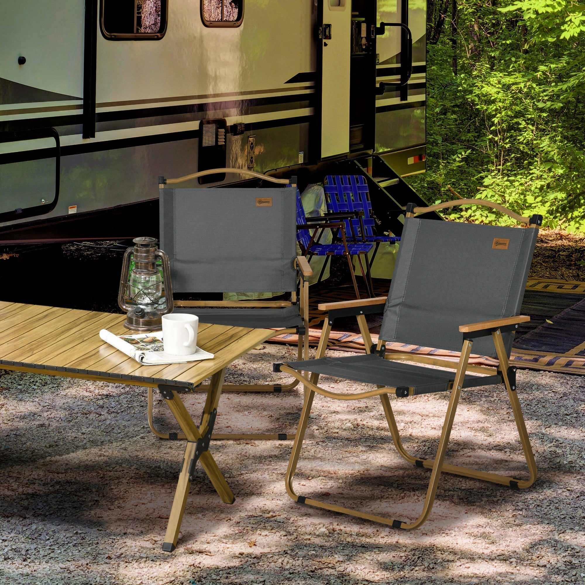 Camping Chair Set of 2, Foldable Garden/Pool/Beach, Steel/Oxford, Dark Grey