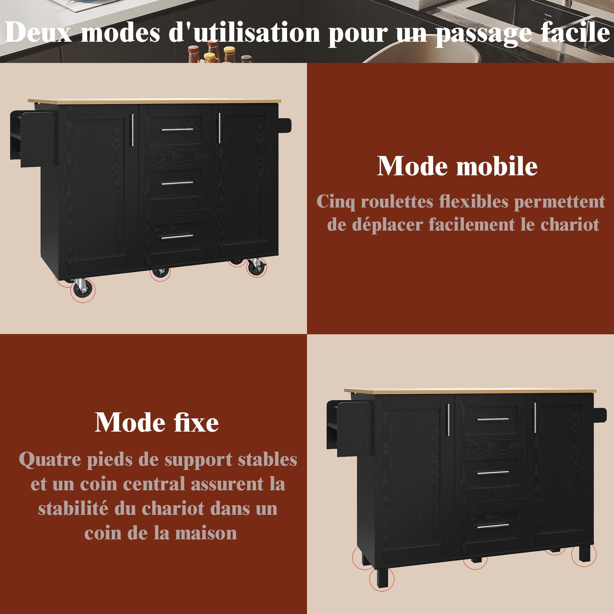 Kitchen Island Workbench Storage Removable Casters - Black