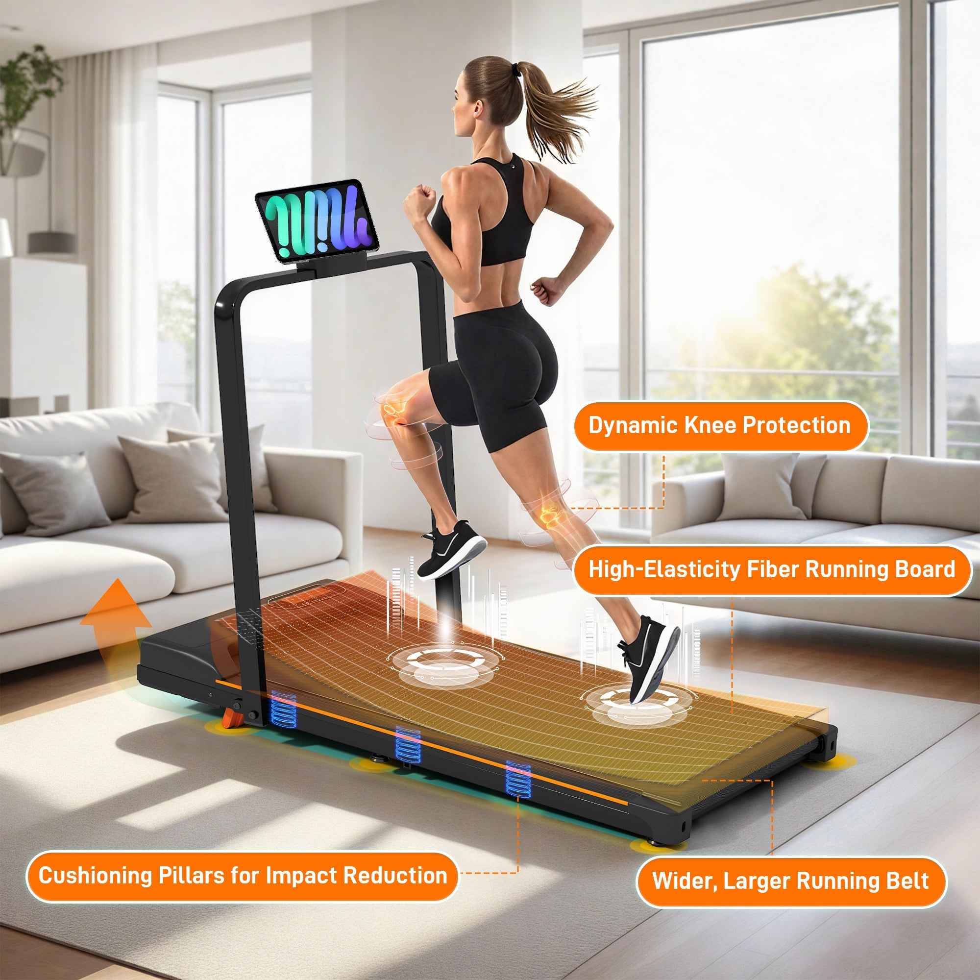 Folding Treadmill with Handrail & Adjustable Incline, 1-10 km/h Running Machine, Space Saving Low Noise Design, Black