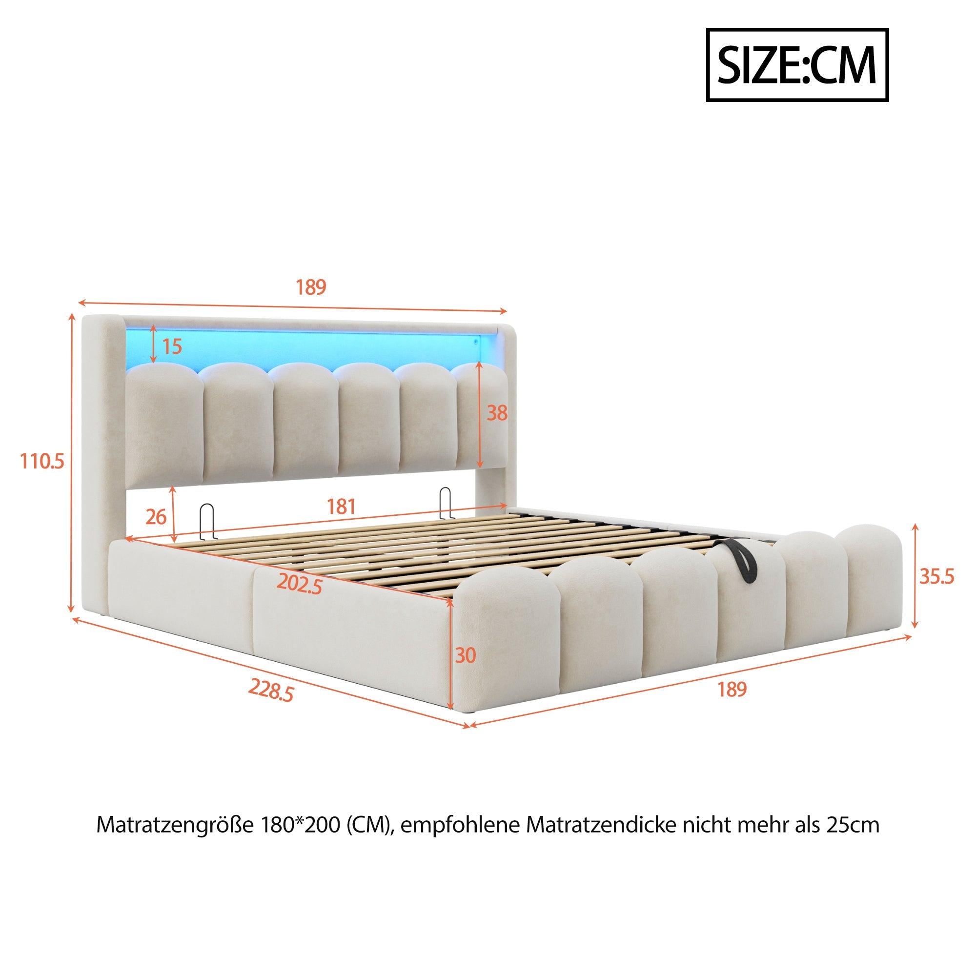 Upholstered Bed 180x200 Hydraulic Storage LED USB/Type-C Velvet Beige