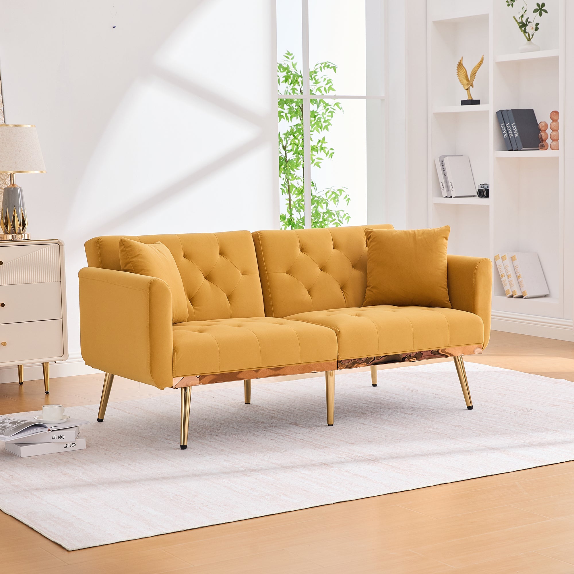 Double Sofa, Modern Velvet with Adjustable Backrest, Mustard Yellow