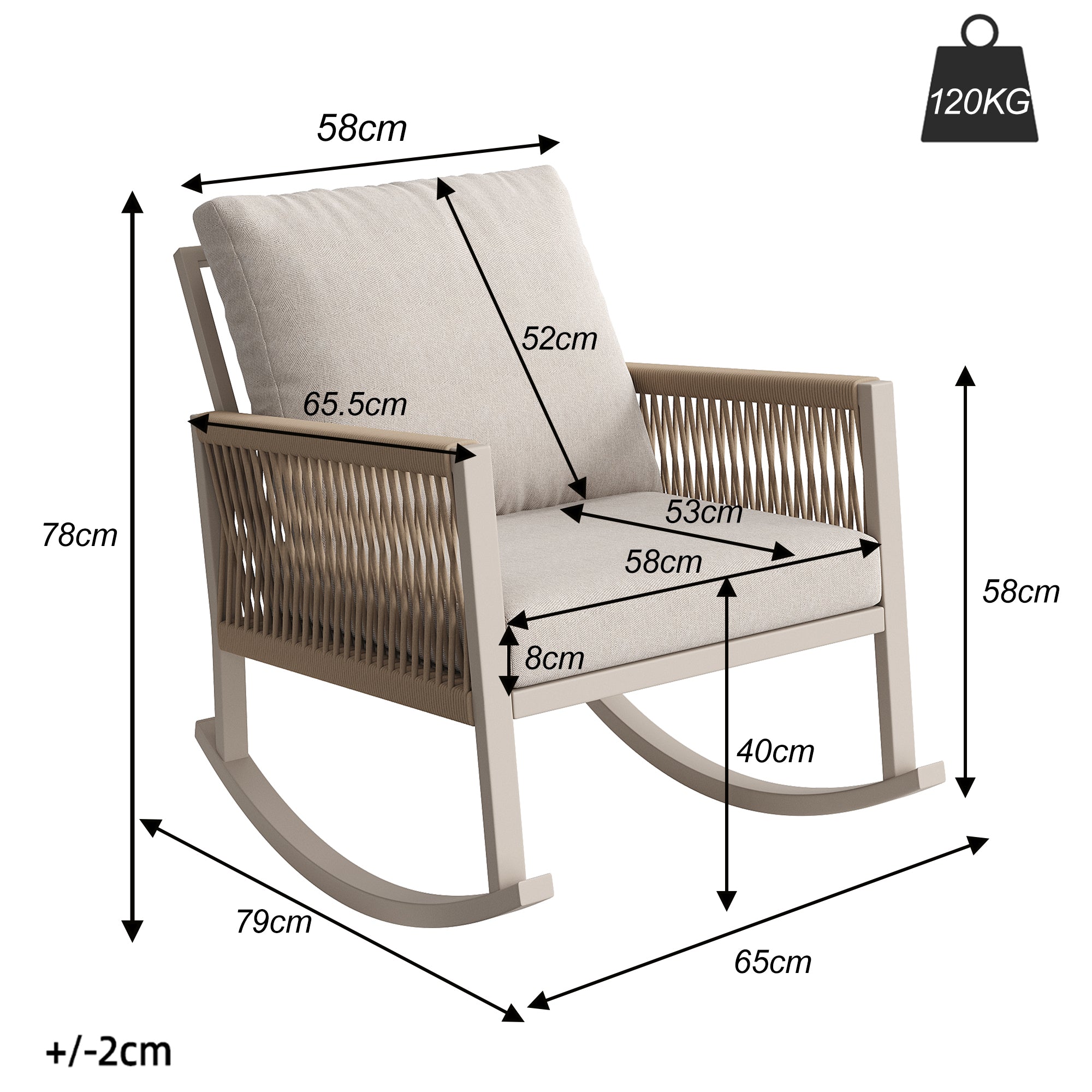 Outdoor Rocking Chair with Cross-Rope Weaving and Cushions, Weatherproof Metal Frame