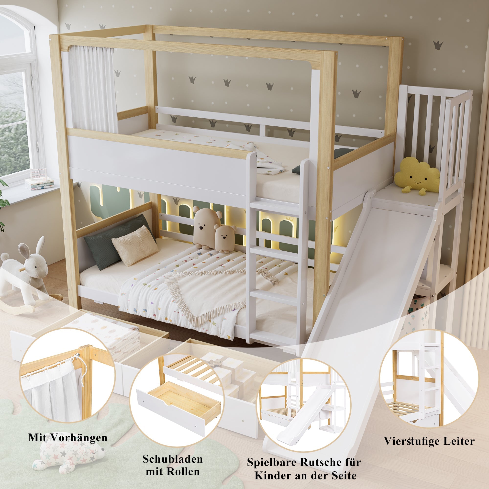 Bunk Bed, Children's with Drawers, Slide & Fabric Curtain, Pine, MDF, Plywood, White & Natural, 90x200cm