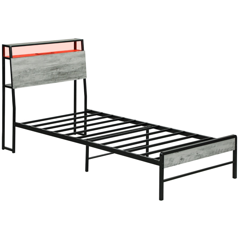 Single Bed Frame with LED Lights and Headboard Shelf, Steel Grey