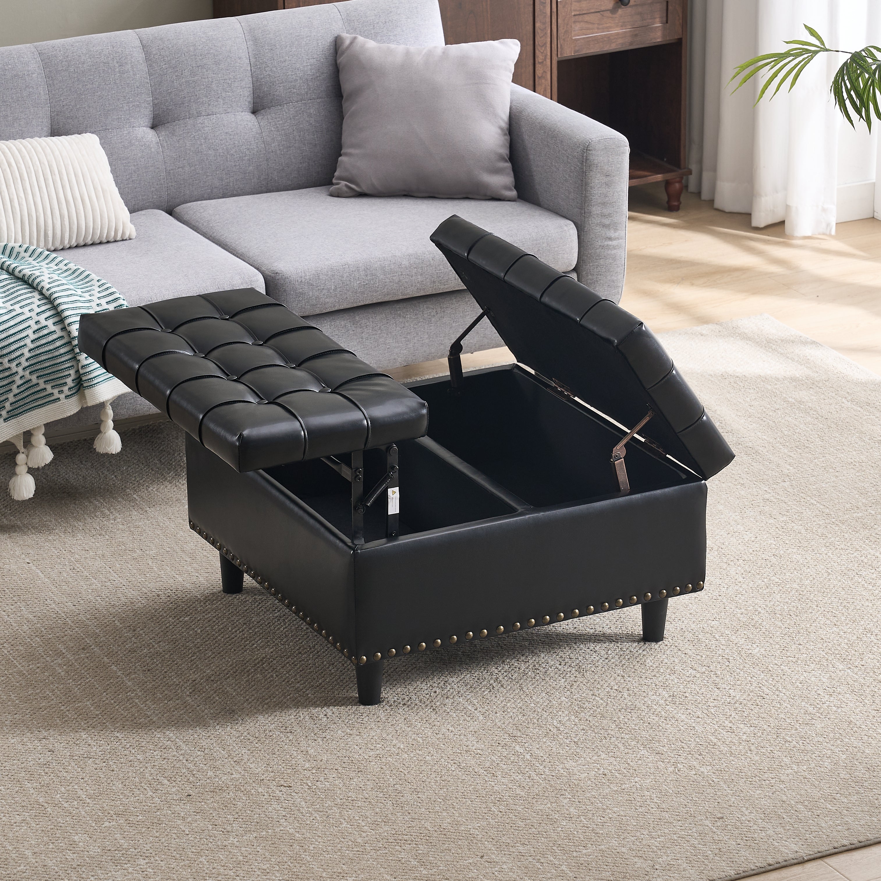 Storage Chair, Large Square Liftable Bench with Space, Black PU