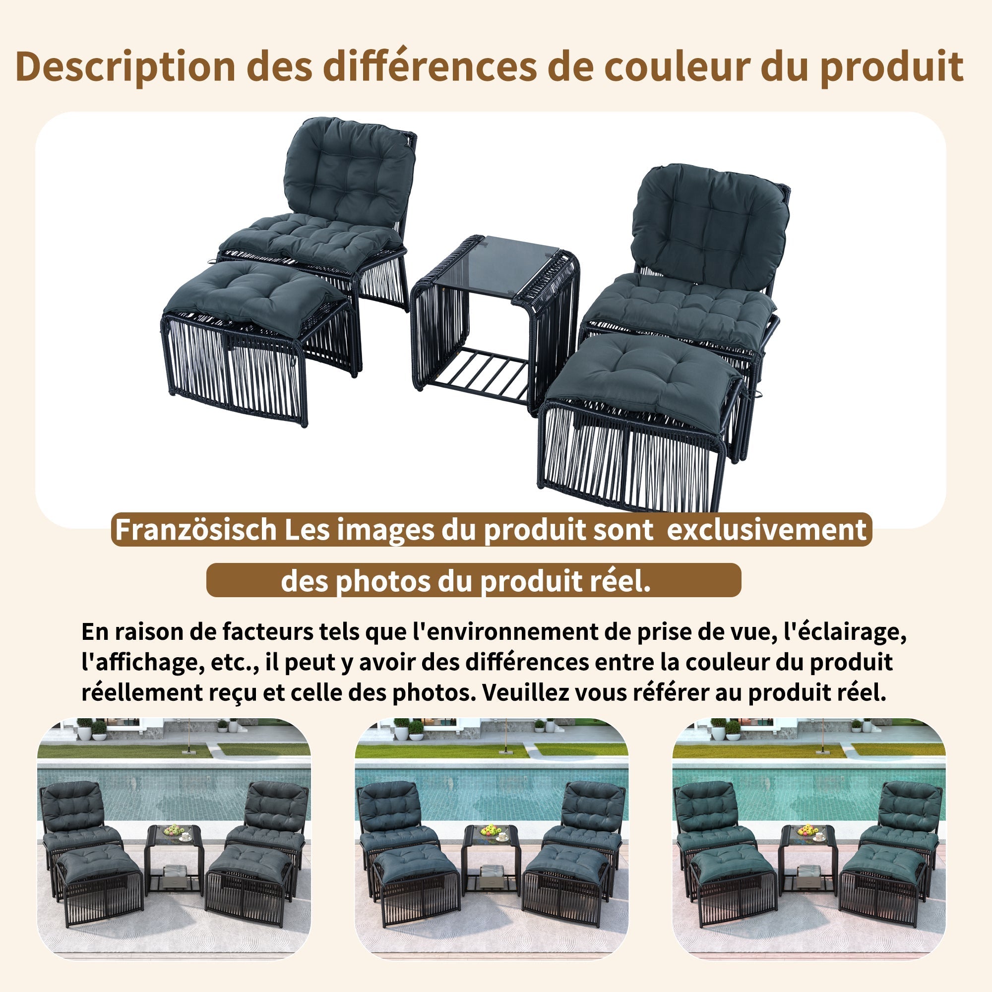 5-Piece Outdoor Garden Furniture Set with Table, 2 Chairs, 2 Stools and Glass Top, PE Rattan and Iron Frame
