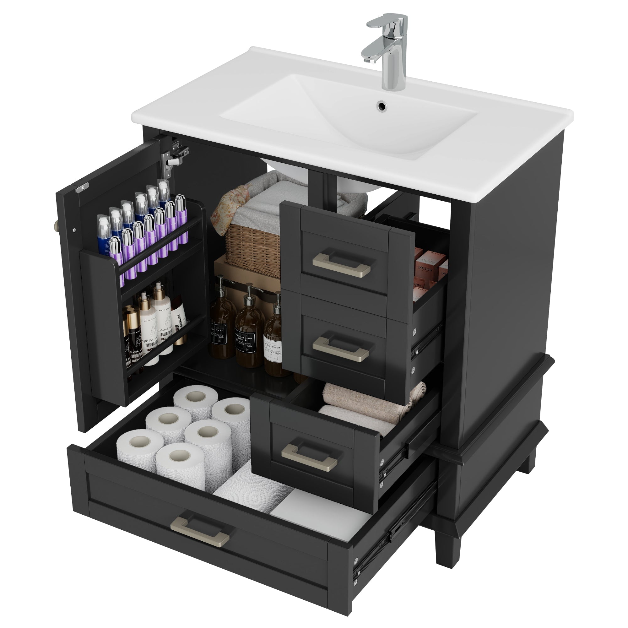 Bathroom Cabinet with Ceramic Sink and Silent Drawers, Black