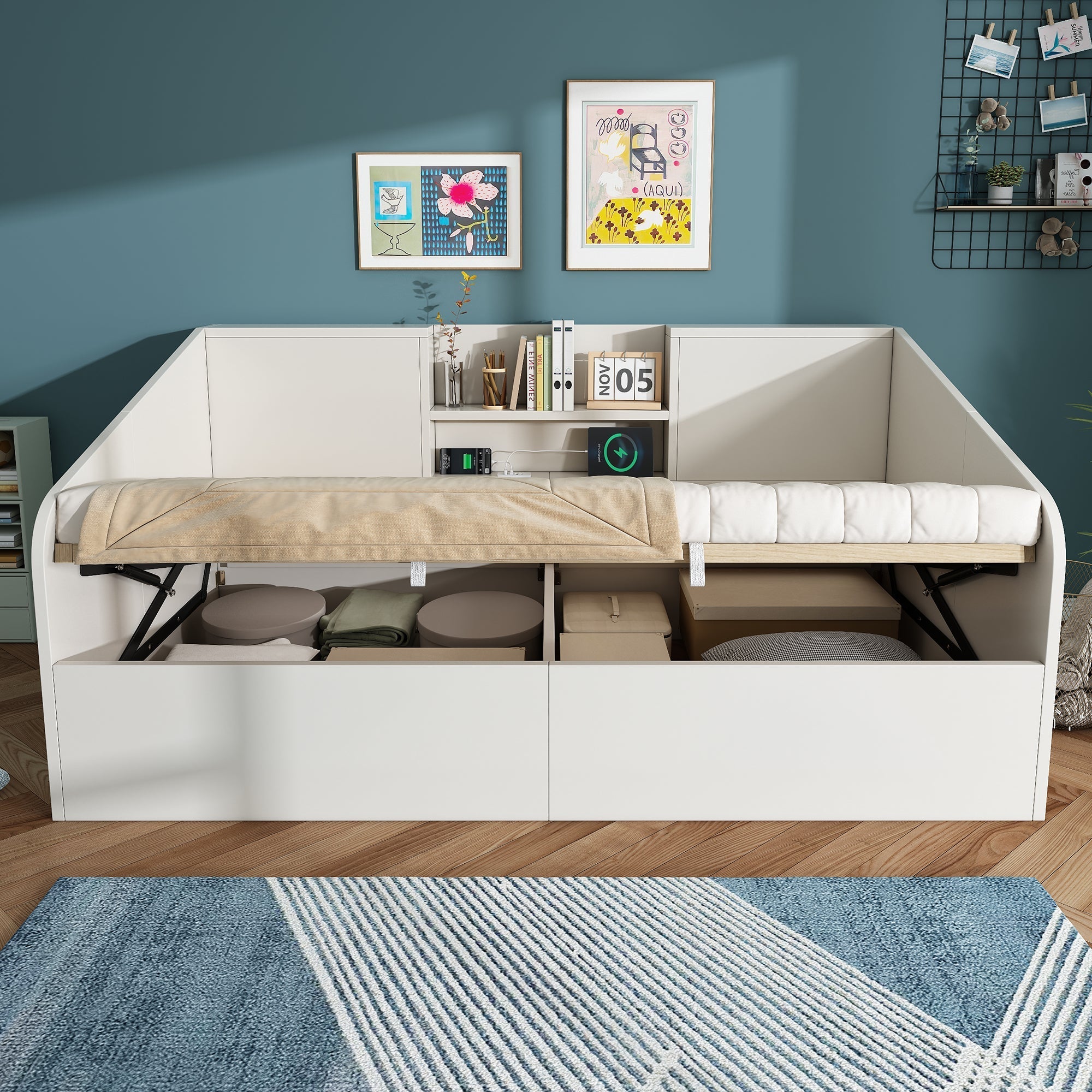 Hydraulic Daybed 90x190cm Storage USB/Type-C Charging 2 Shelves - White Wood