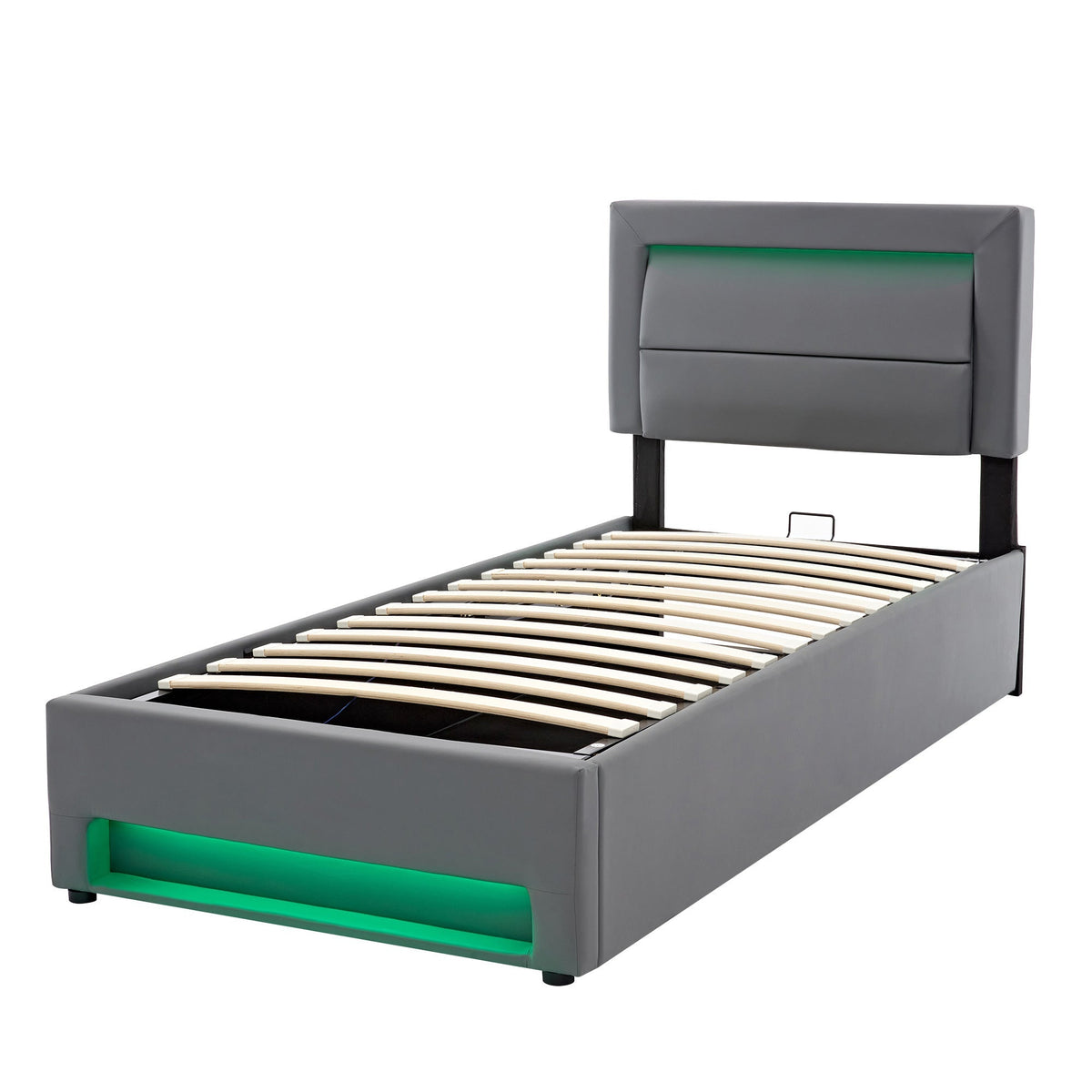 Upholstered Bed 90x190cm USB Charging LED Lighting Storage PU Lychee Grey