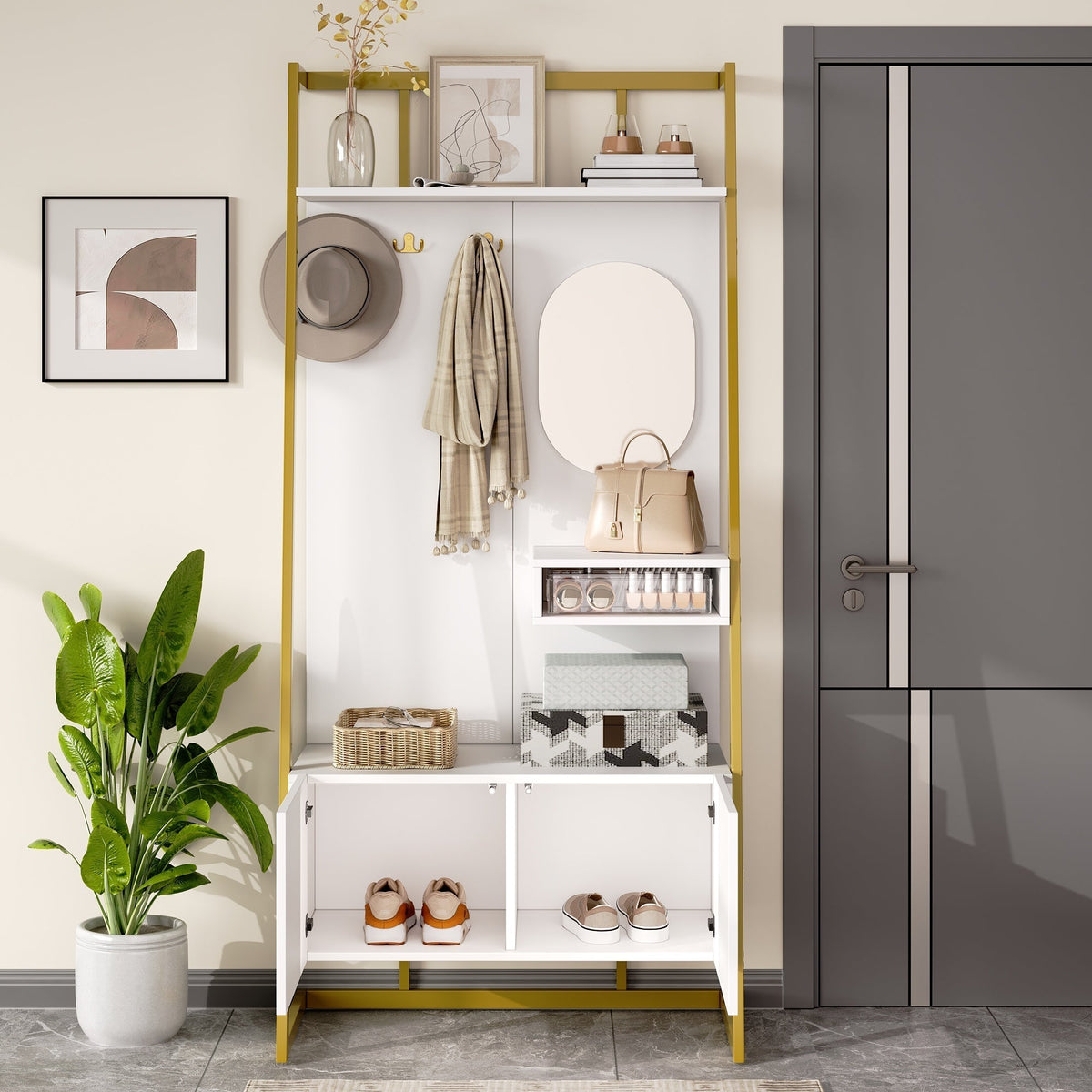 Wardrobe, Compact Multifunctional Storage with Mirror, Hooks & Shoe Bench