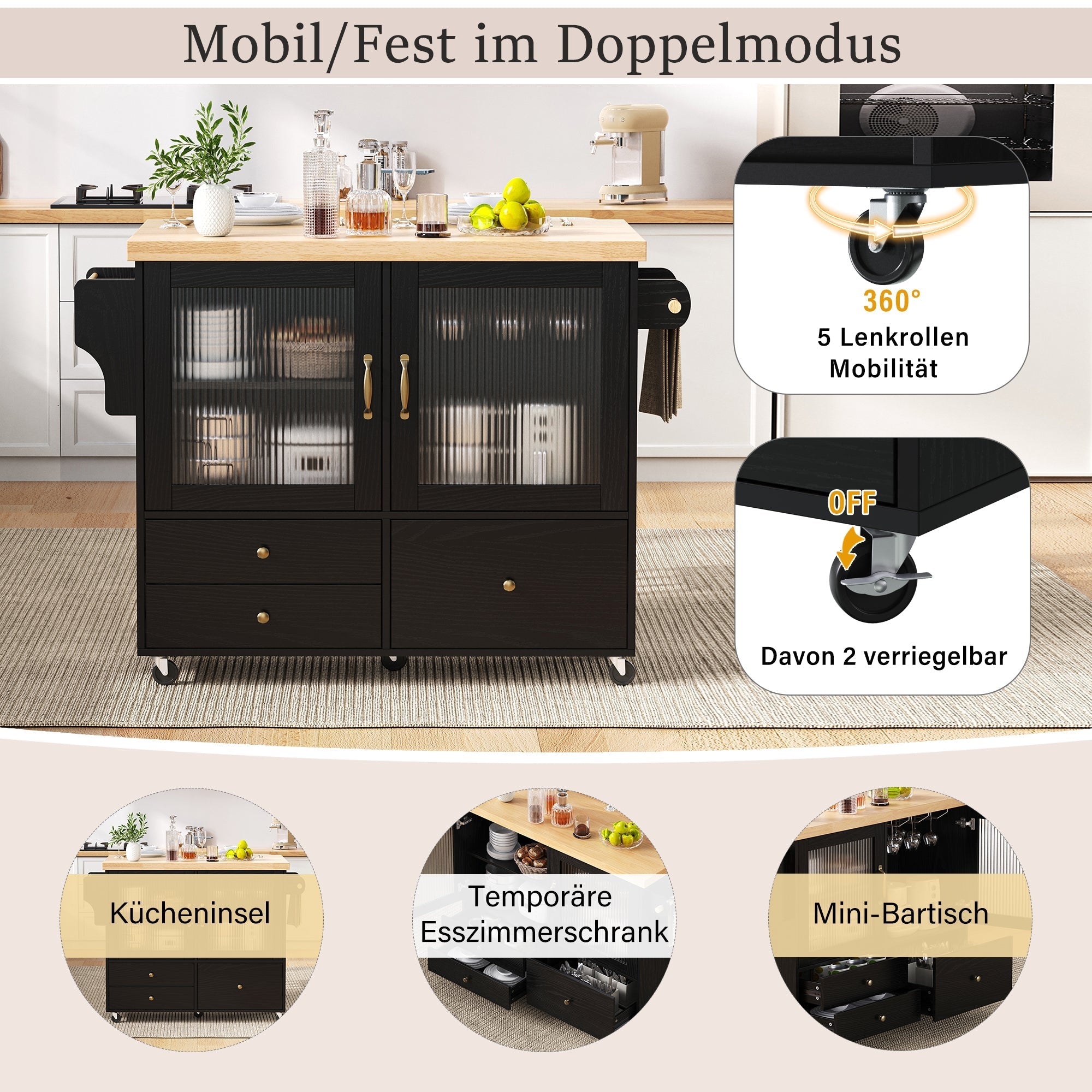 Mobile Kitchen Island Extendable Table Storage Wine Rack - Black