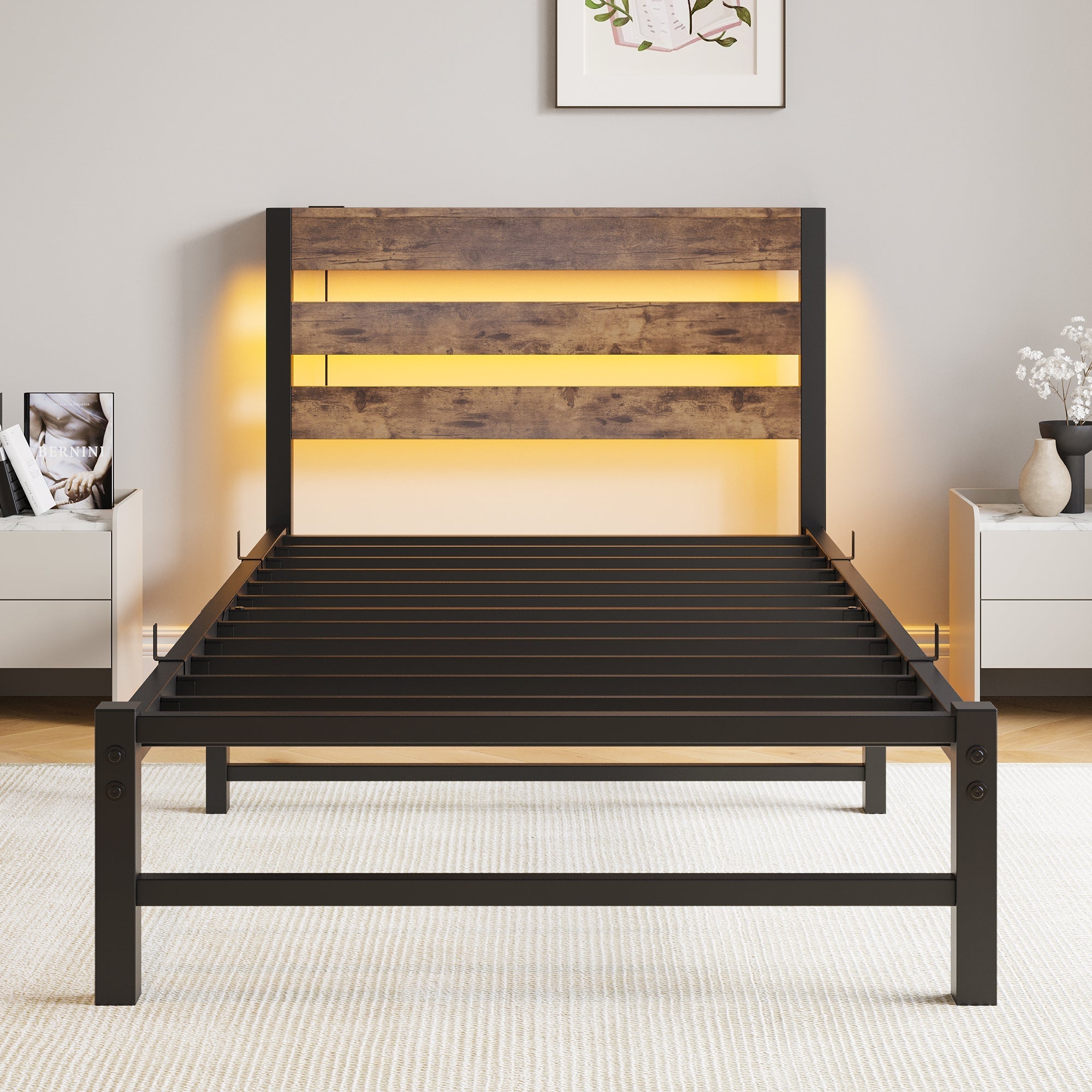 90x200 Bed Frame LED USB Charging Storage - Metal