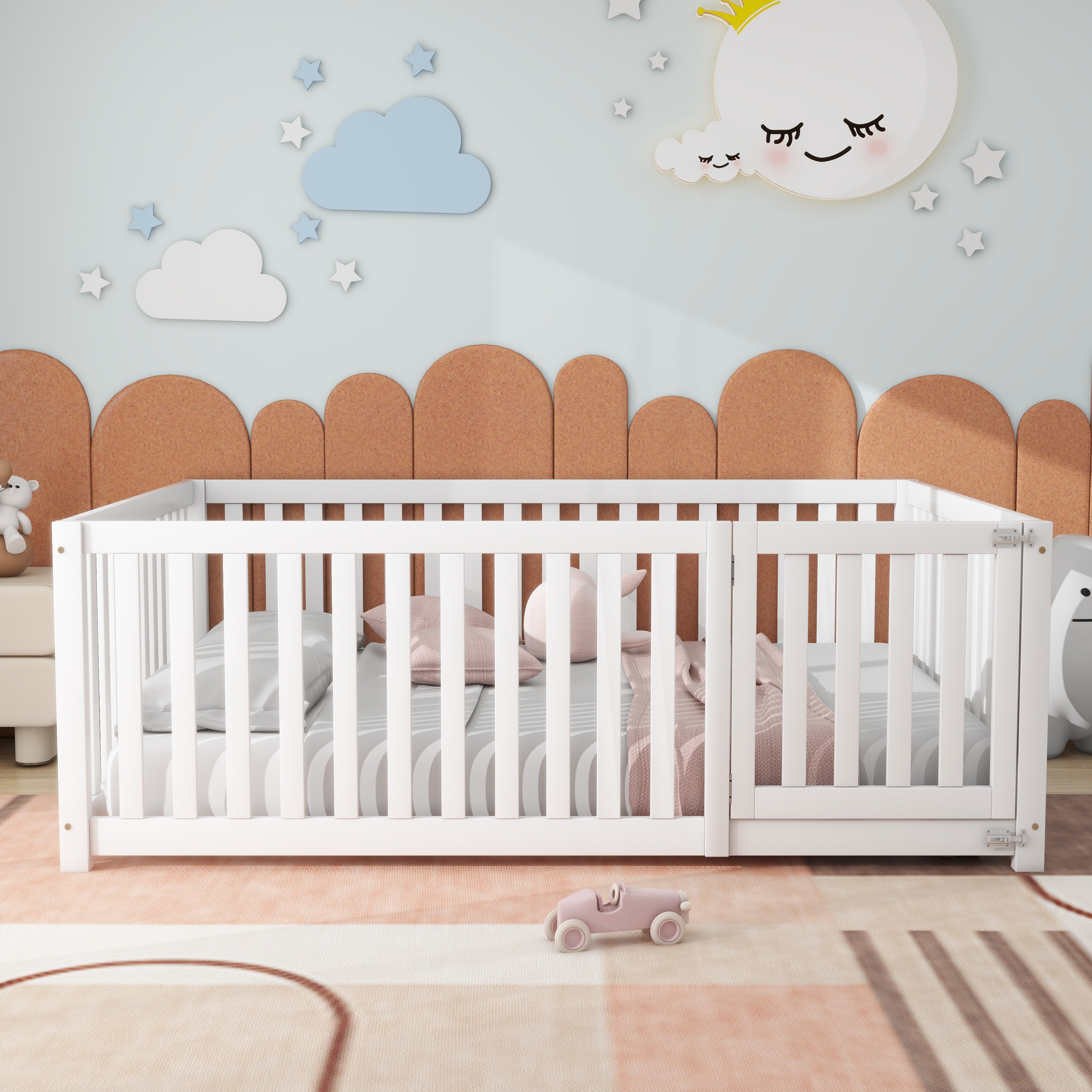 Children's bed 140 x 200, wooden floor bed frame with fence and door, white