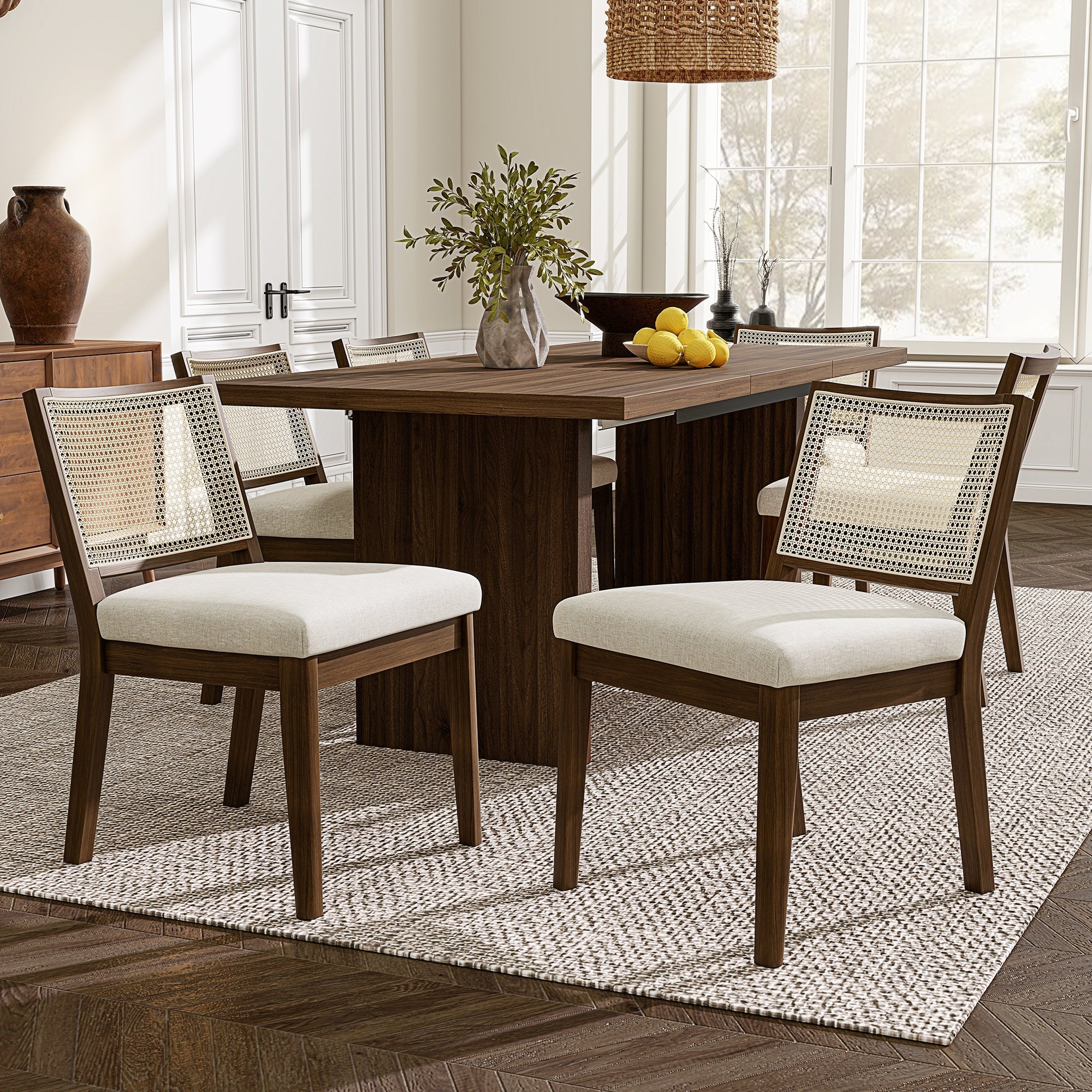 Solid Wood Dining Chairs Set of 4 with Rattan Backrest, Linen and Walnut