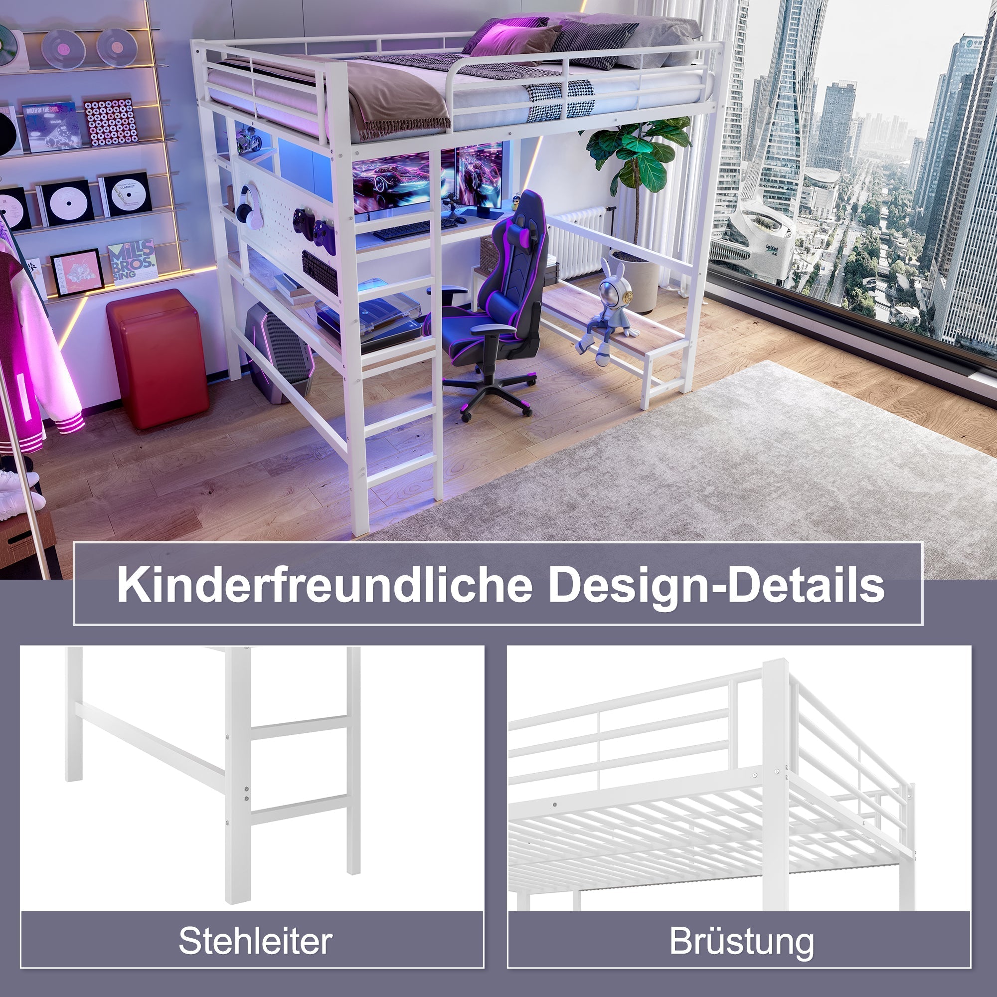 Loft Bed with Desk, Shelves, LED and USB Sockets, White Metal and MDF