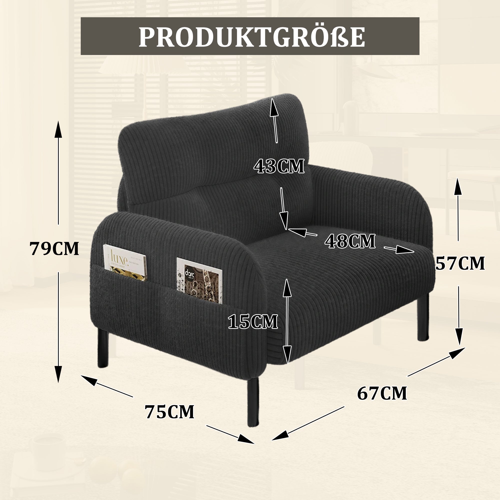 Sofa/Chair with Side Pockets, Comfortable Solid Structure, Velvet Fabric