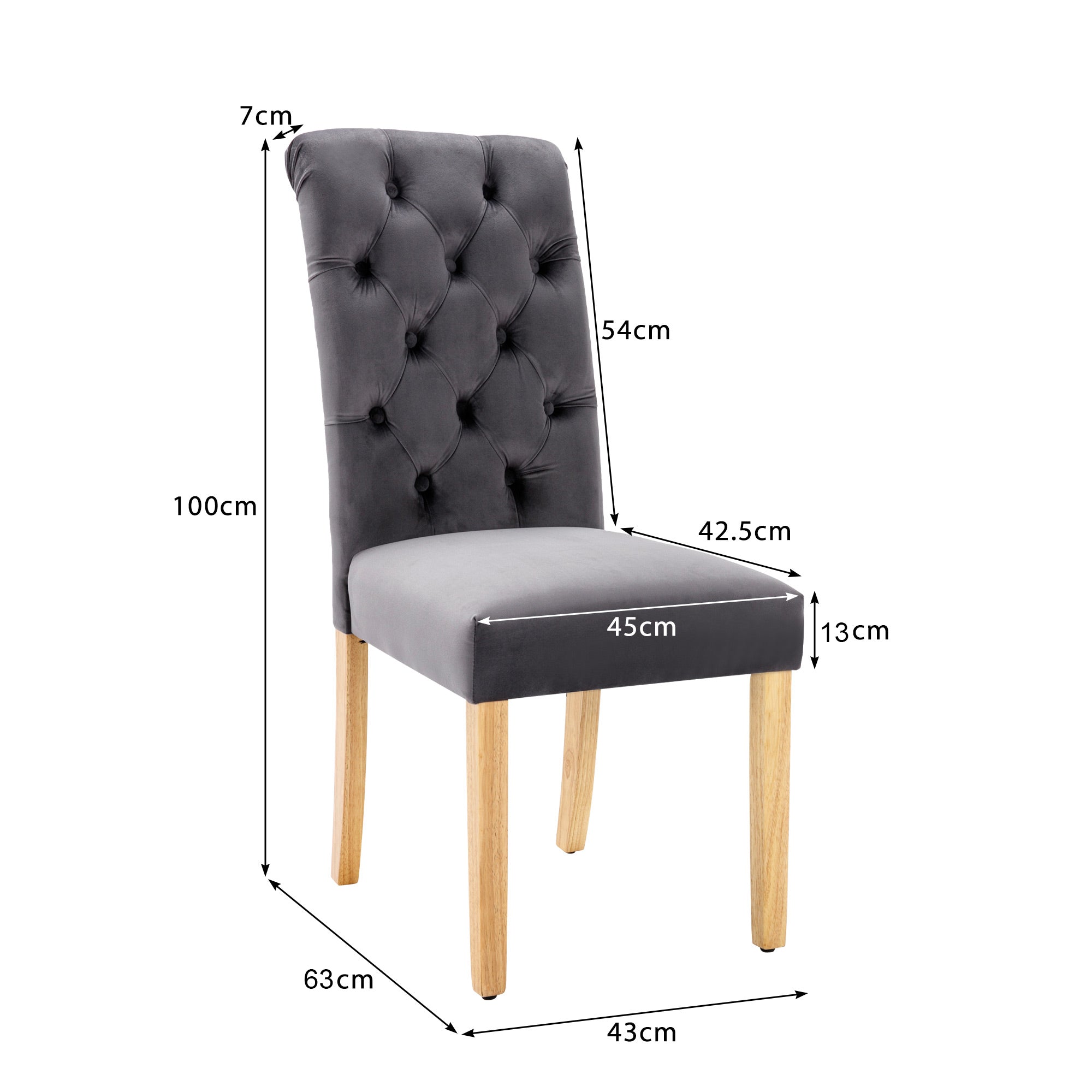 Velvet Dining Chairs, Set of 6, Oak Legs, Chrome Knockers, Grey