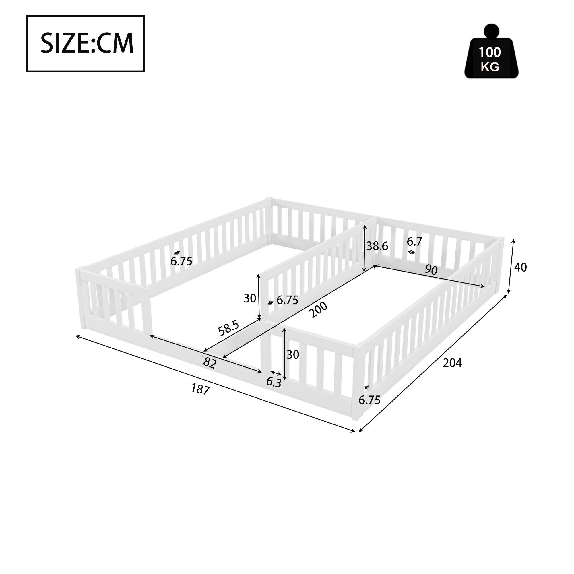 Panel Bed 90x200cm with Railing Minimalist Pine Wood - White