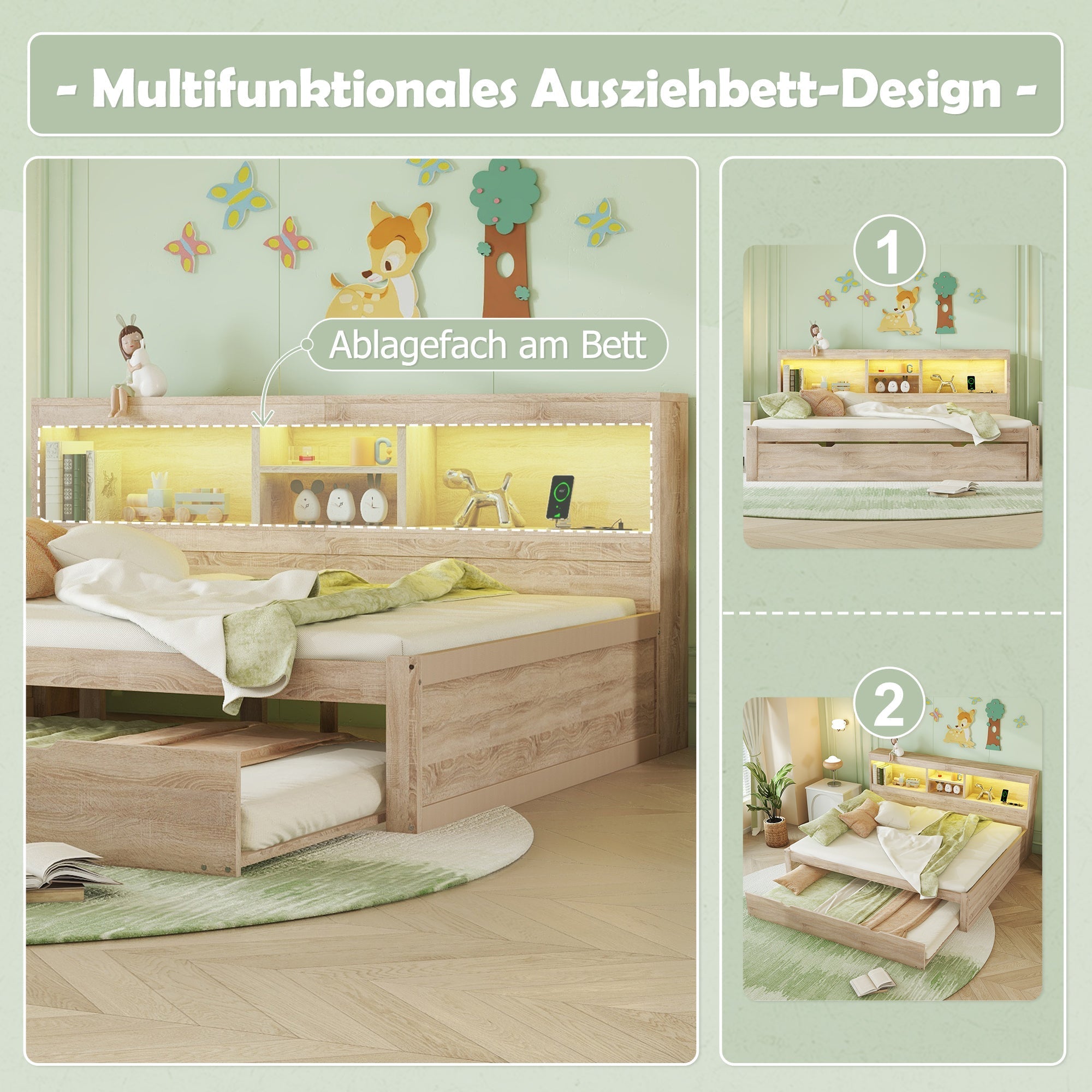 Daybed Sofa Bed 140x200cm Pull-out Bed LED Storage USB/Outlet - Natural