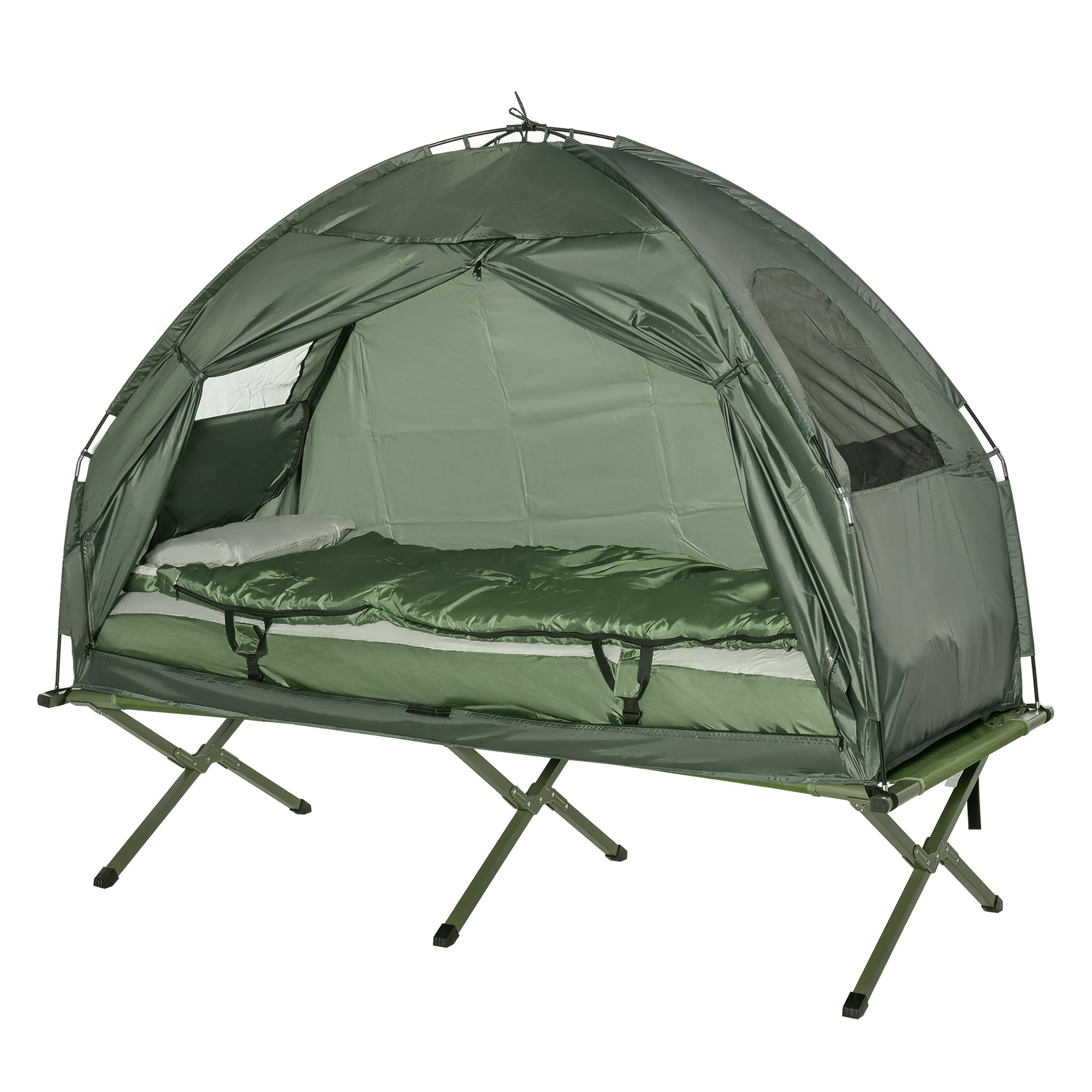 4-in-1 Camping Bed Set Tent Sleeping Bag Mattress Foldable, Dark Green