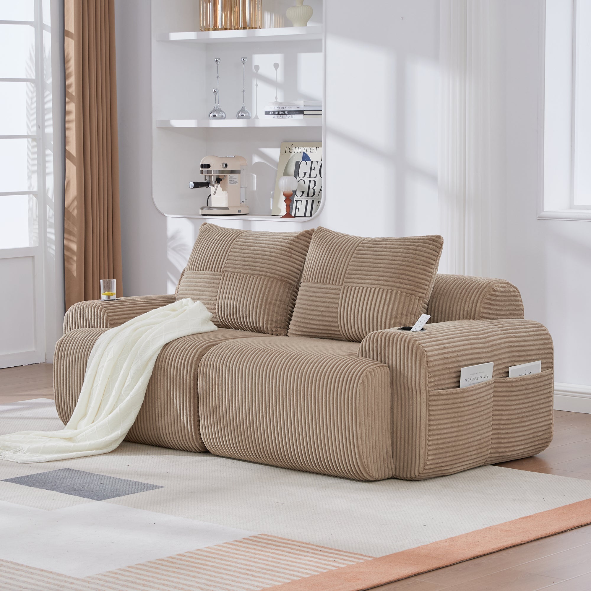 Modular 2-Seater Sofa with Cup Holder and Storage Pocket, Khaki Corduroy
