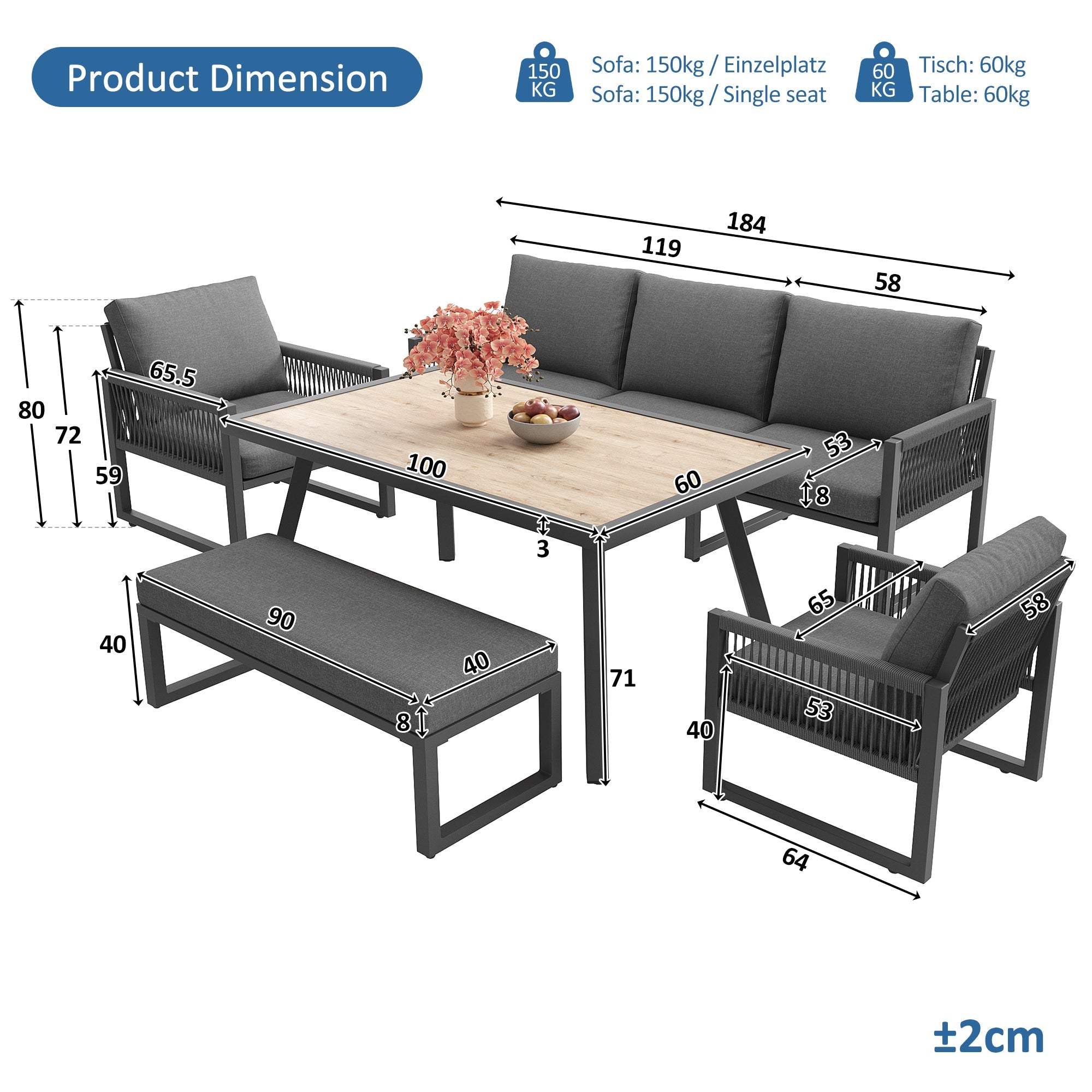 6-7 Seater Garden Lounge Set with Dining Table and Weatherproof Cushions, Gray