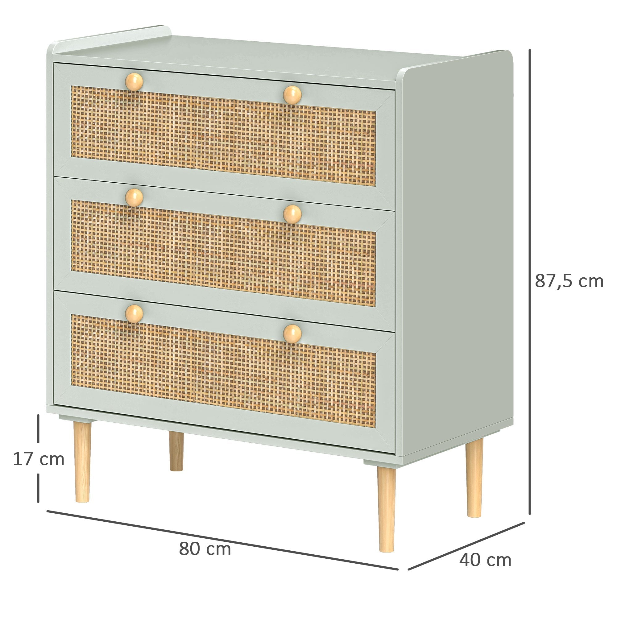Chest of Drawers/Sideboard, 3 Drawers Boho Rattan Look, Light Blue