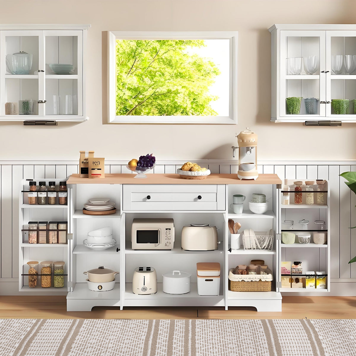 Multifunctional Kitchen Buffet 138cm Drawer Adjustable Shelves