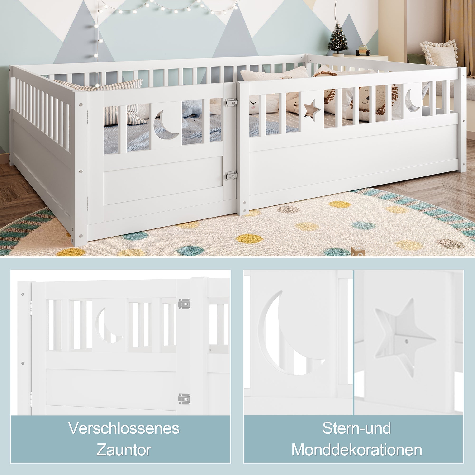 Panel Bed 140x190cm Children's with Railing Star & Moon Decoration - White