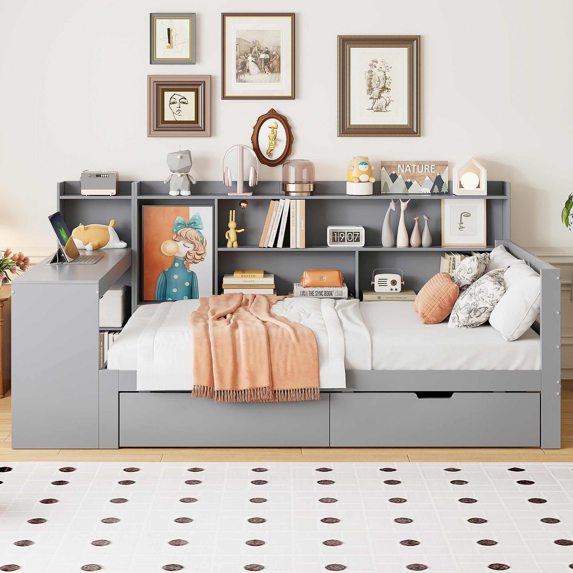 Sofa Bed, Multifunctional with Desk, Bookshelf, Storage & Power Outlet, Solid Wood, Grey